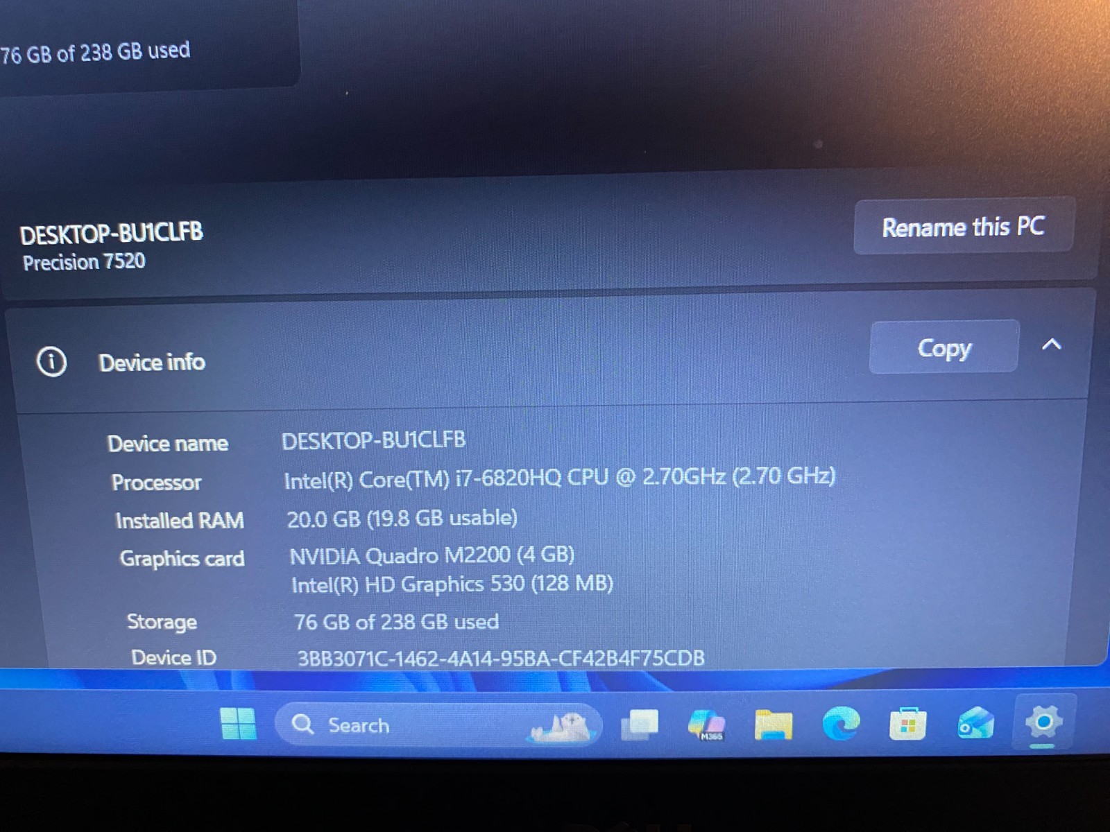 Dell Precision 7520 Intel i7-6820HQ 2.70GHz 256GB SSD, 20GB RAM Win 11/M2200