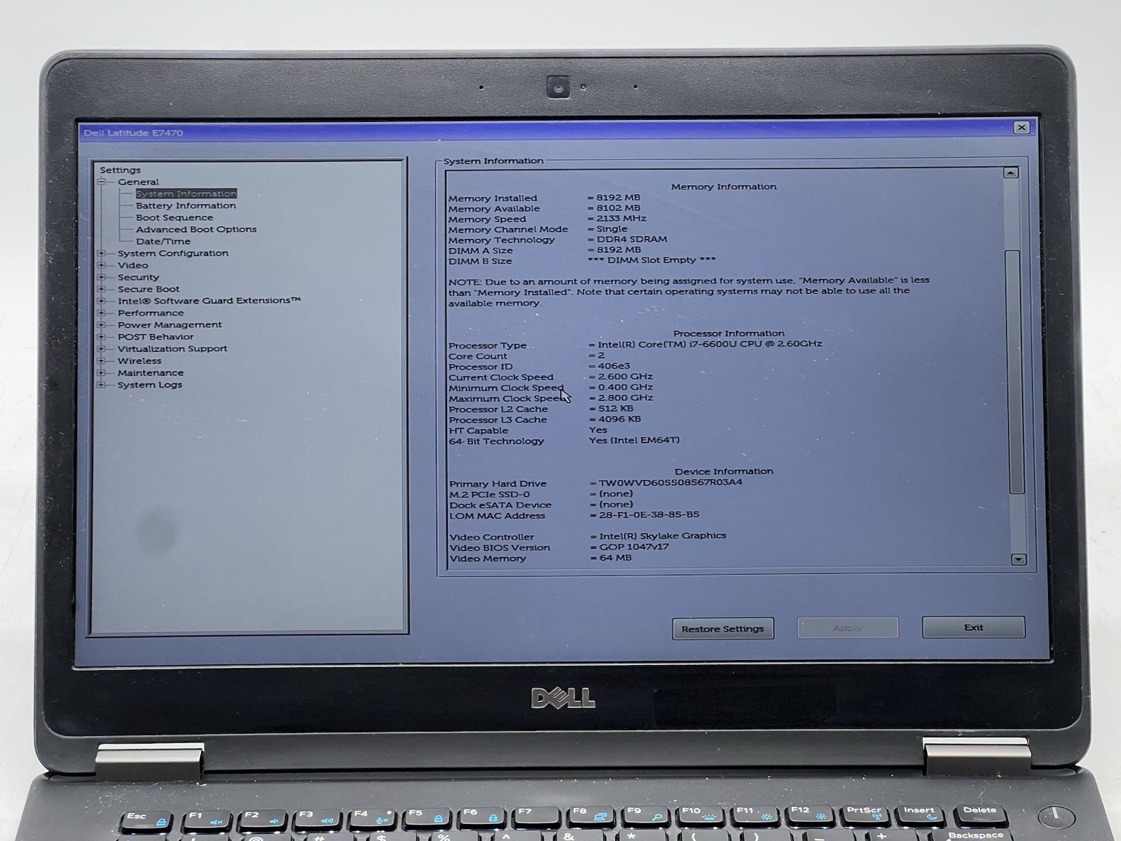 Dell Latitude E7470, i7-6600U CPU, @ 2.60GHz, 8GB RAM, 128GB SSD-No OS/AC