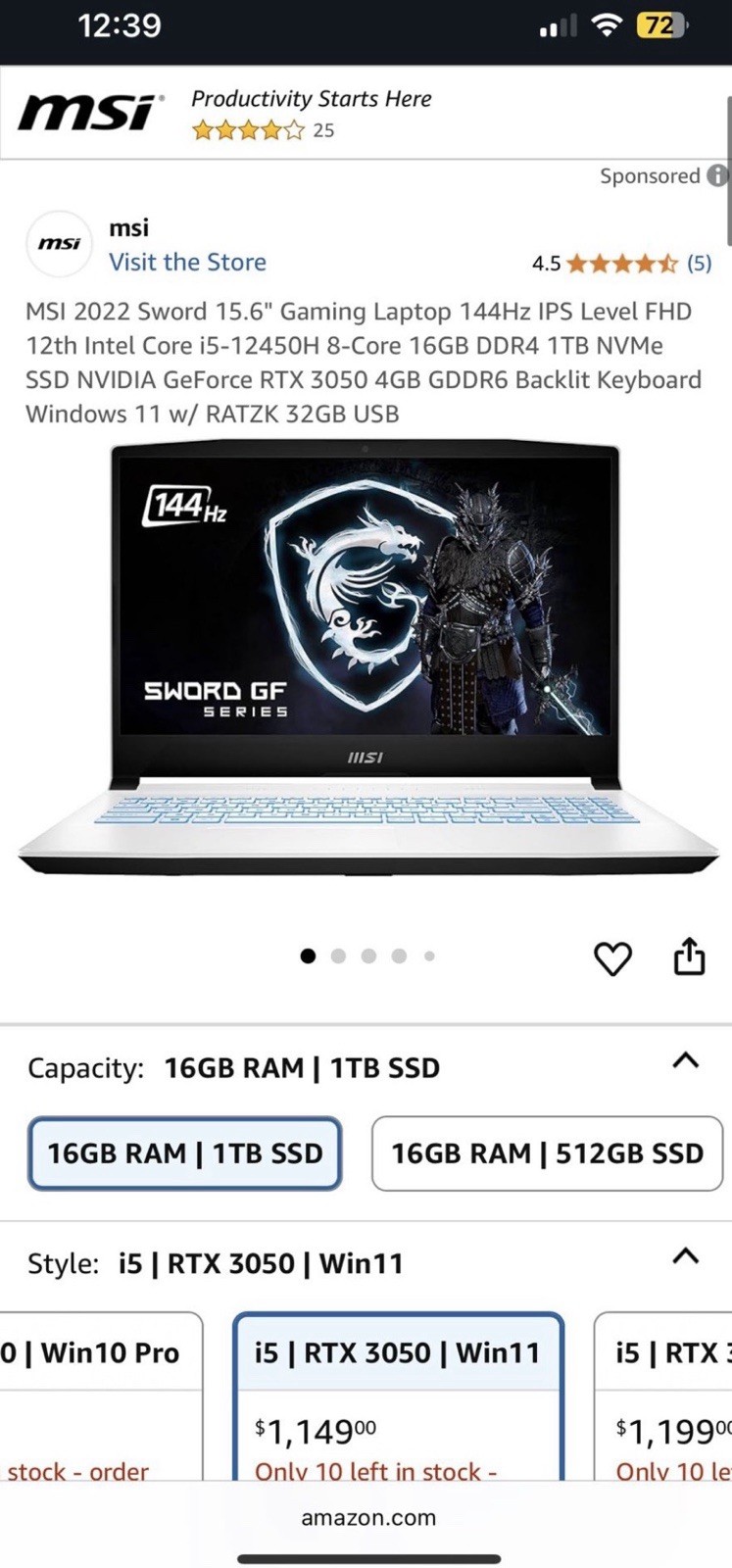 MSI Sword 15 15.6″ Gaming Laptop i5-12450H 16GB 1TB SSD RTX 3050 144Hz FHD