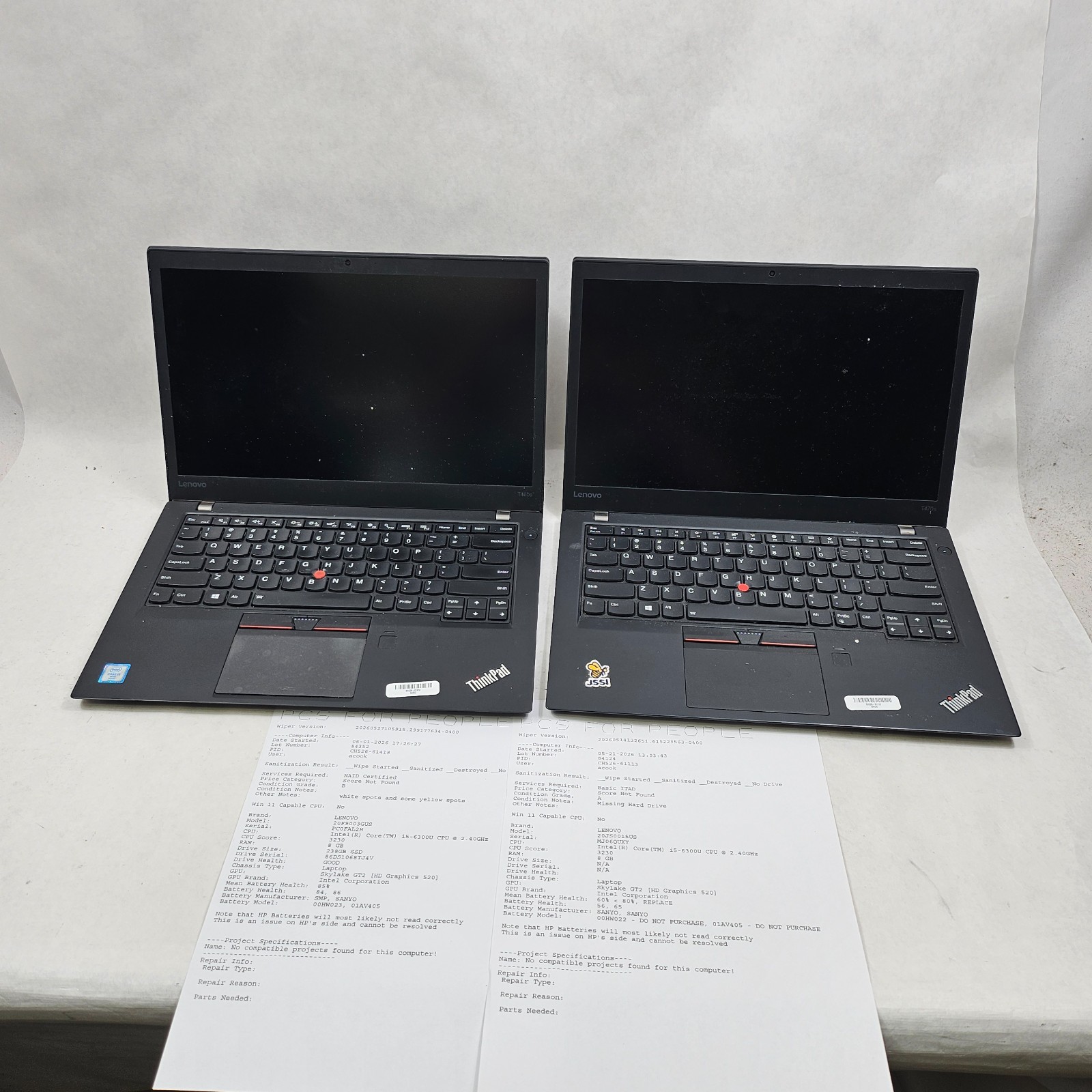 Lot of 8 Mixed Model Lenovo ThinkPad i5-5th-8th Gen 8/16GB RAM Mixed Specs *Read