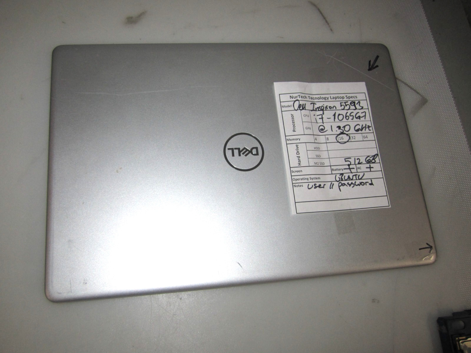 Dell Inspiron 5593 I7-1065G7 1.30GHZ 16GB 512GB M2SSD UBUNTU LAPTOP + AC