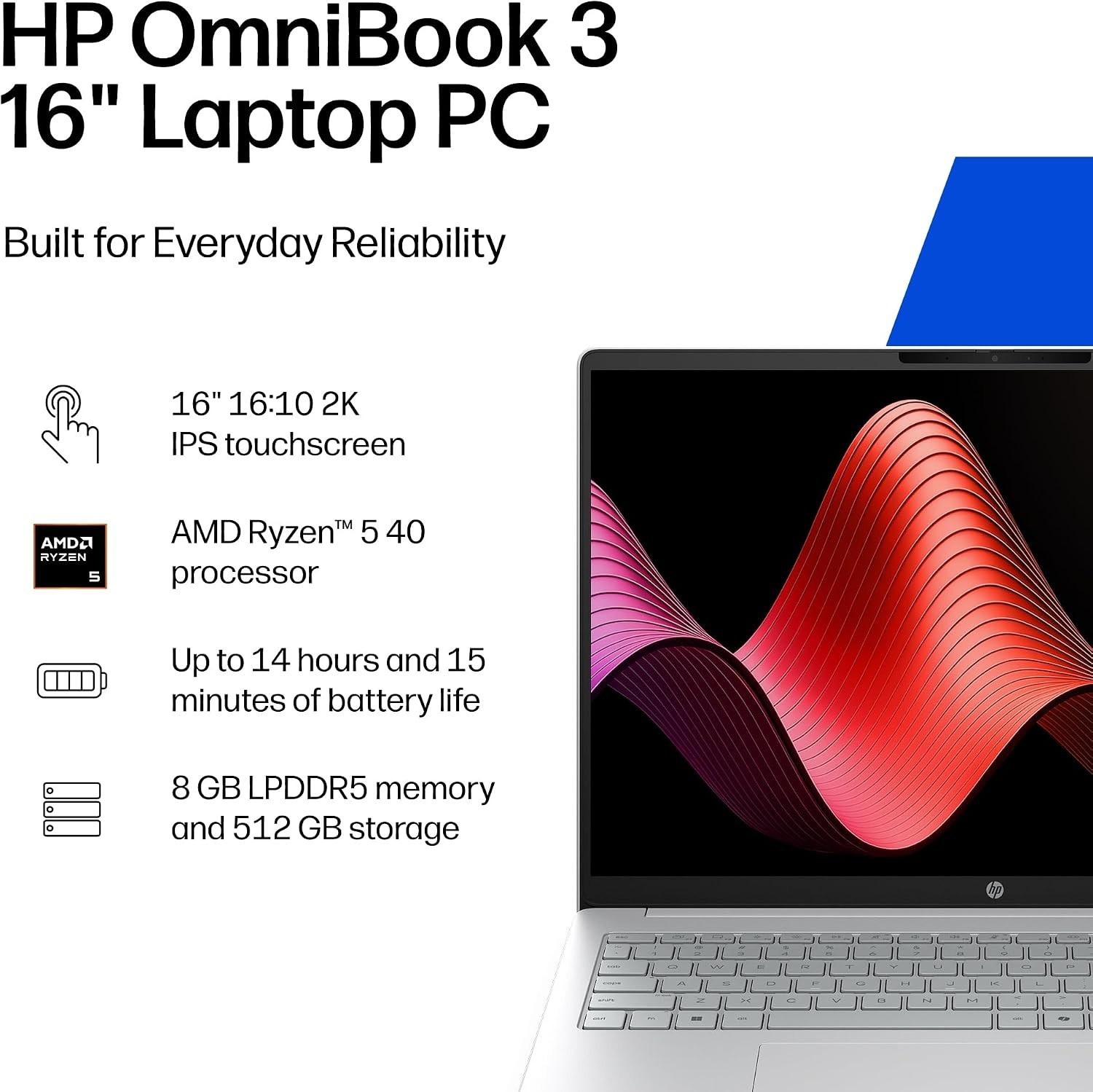HP OmniBook 3 16″ 2K Touchscreen Laptop AMD Ryzen 5 40 8GB RAM 1TB SSD