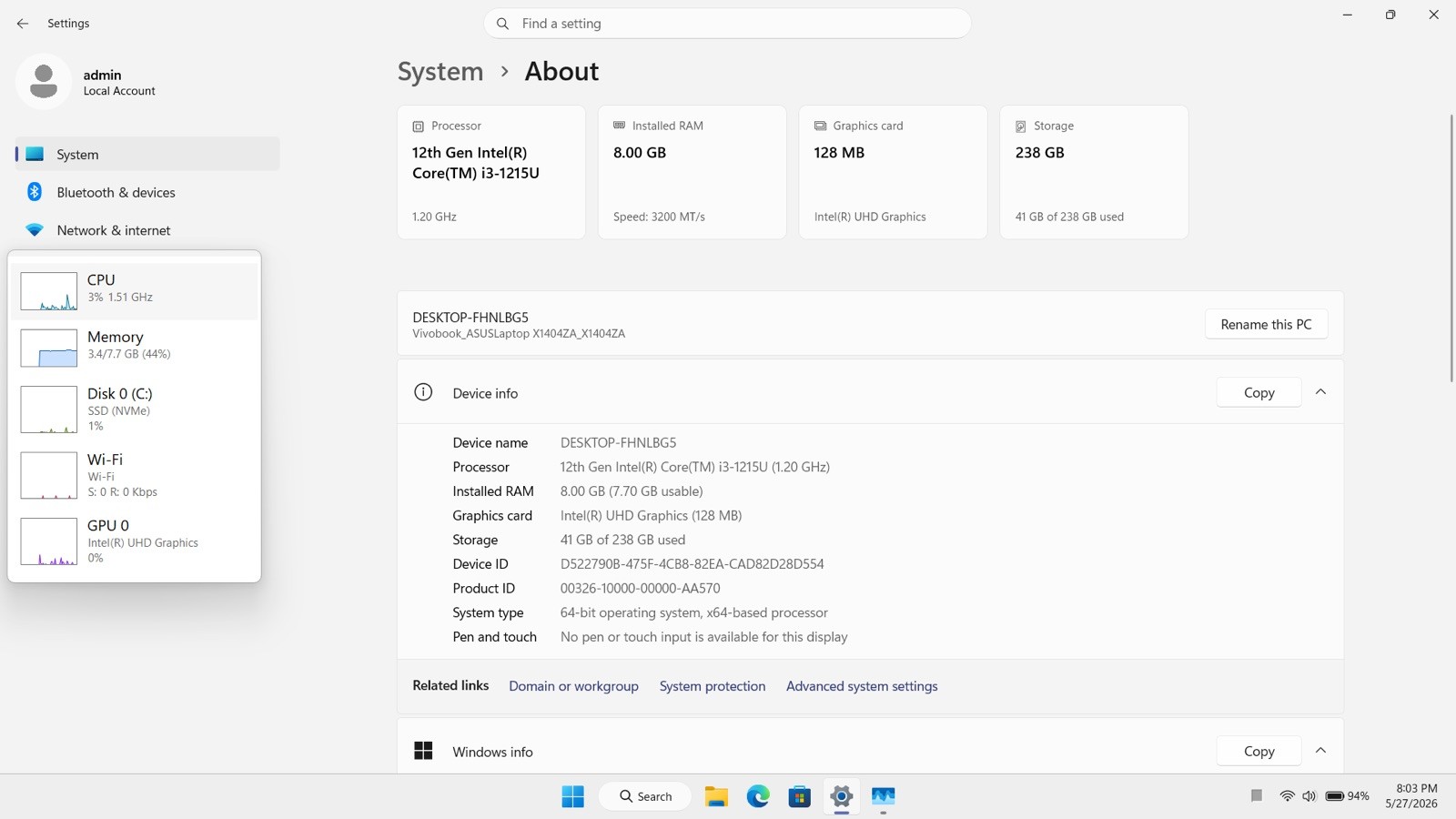 ASUS VivoBook X1404 14″ Intel Core i3-1215U 8GB RAM 256GB SSD NVMe