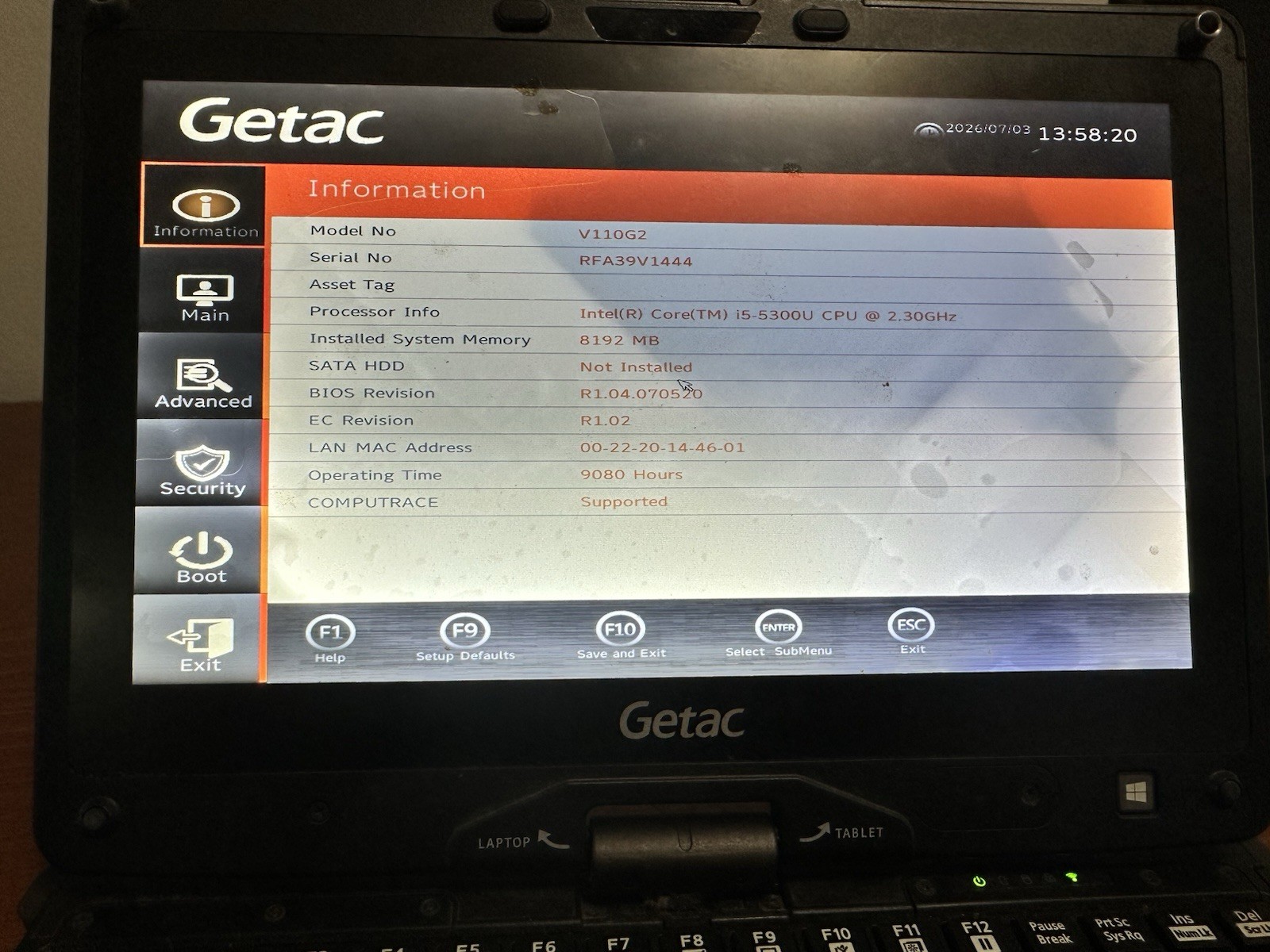 Getac V110G2 Rugged Laptop i5-5300U 8GB NO HDD / NO CHARGER MISSING PARTS AS IS