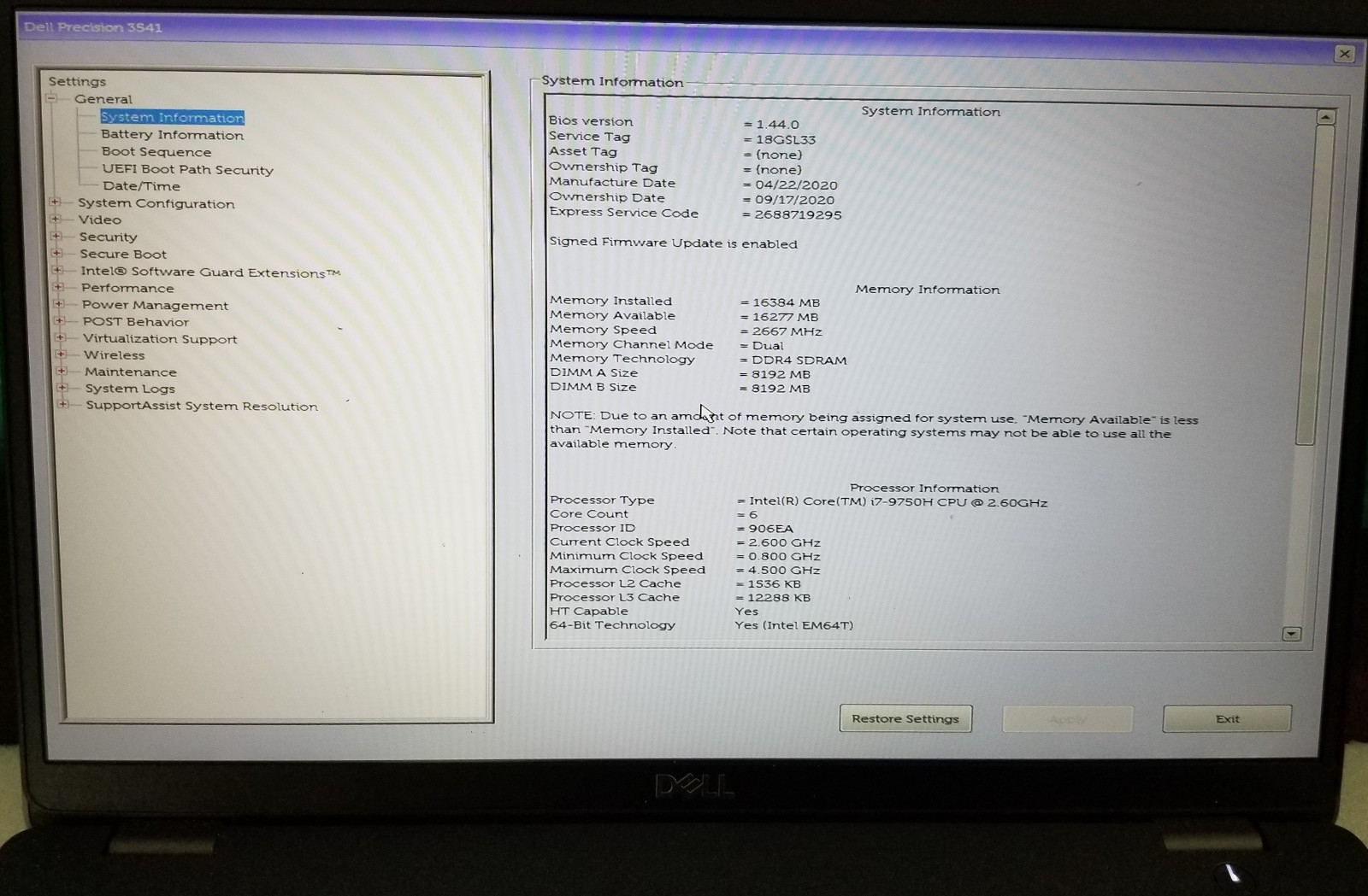 Dell Precision 3541 15″ Intel i7-9750H 16GB DDR4 Quadro P620 | No SSD | *READ*