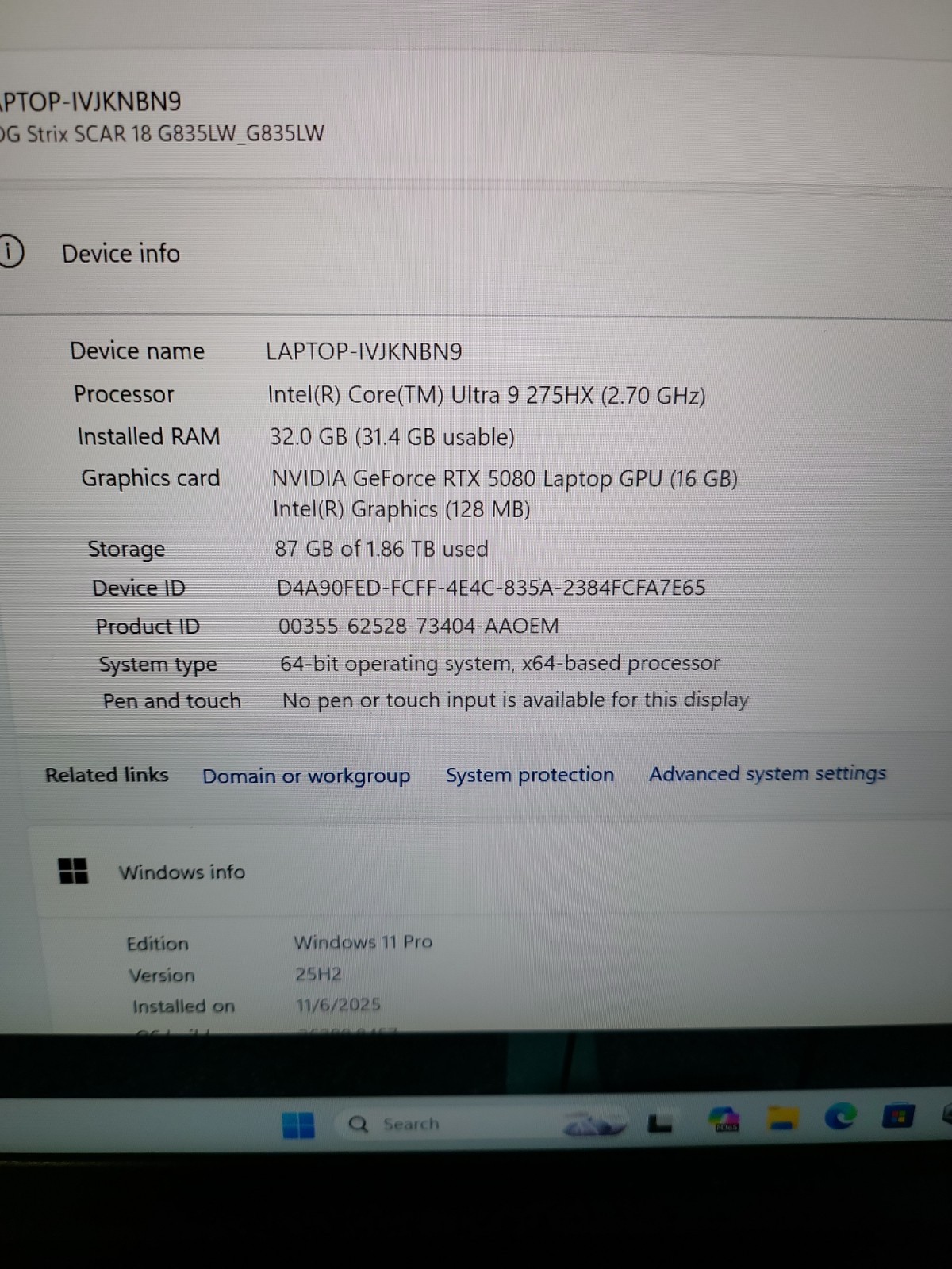 ASUS ROG Strix SCAR 18″ 2.5K 240Hz 2TB Storage /32GB Ram -Ultra 9