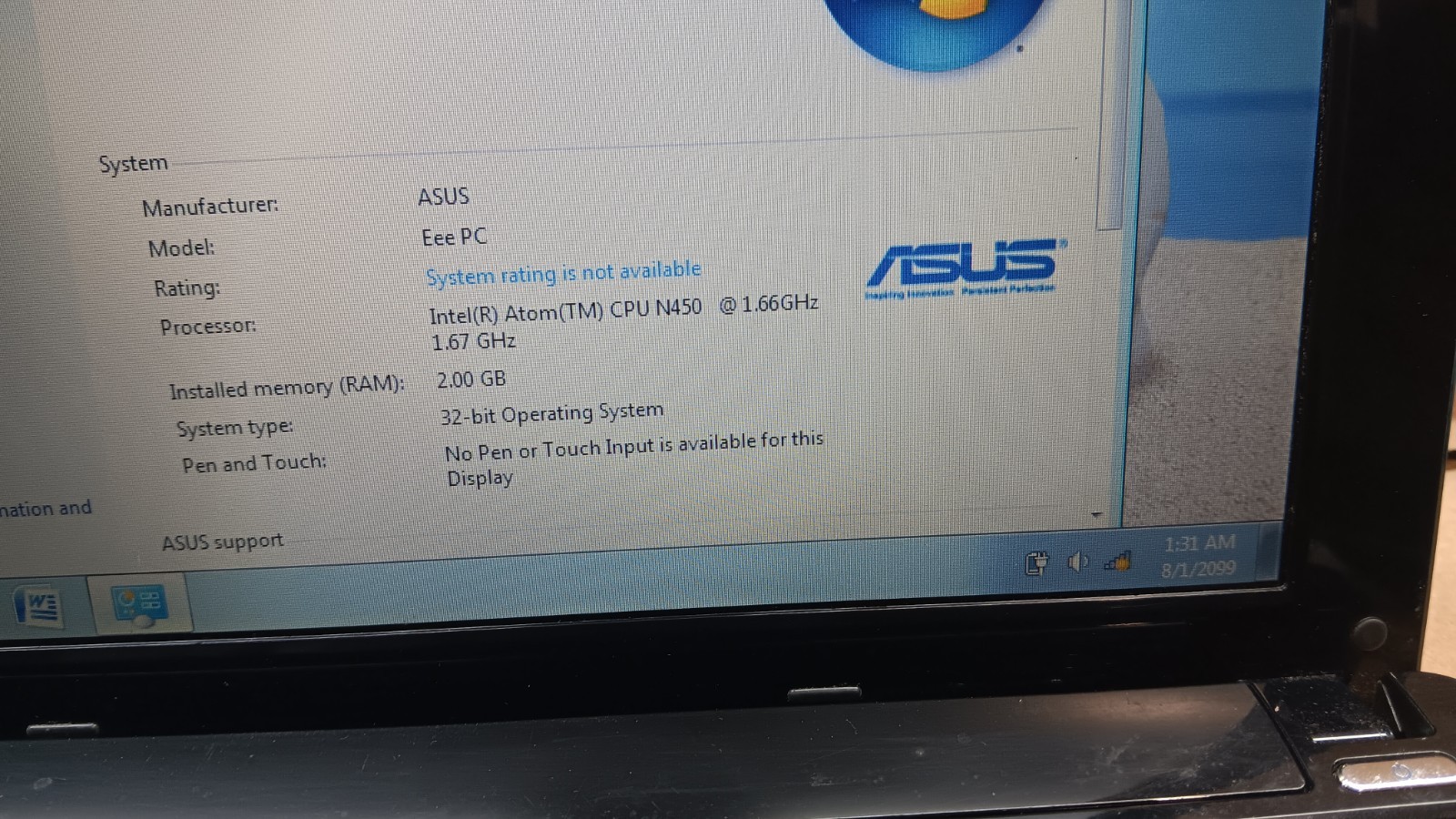 ASUS Eee PC 1001P 10.1″ Mini Netbook Atom N450 2GB 160 GB HD Windows 7 Starter