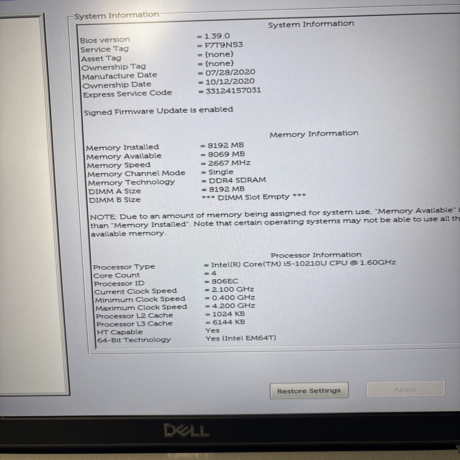 Dell Latitude 5510 i5-10210U 8GB RAM NO SSD Good Battery
