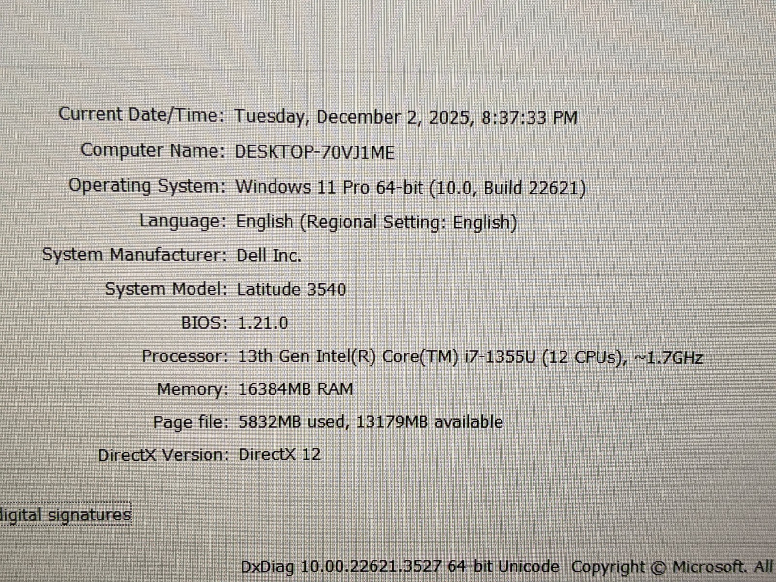 Dell Latitude 3540 15.6″FHD i7-1355U 1.7GHz 16GB 256GB SSD WRNTY-6/2026 +Charger