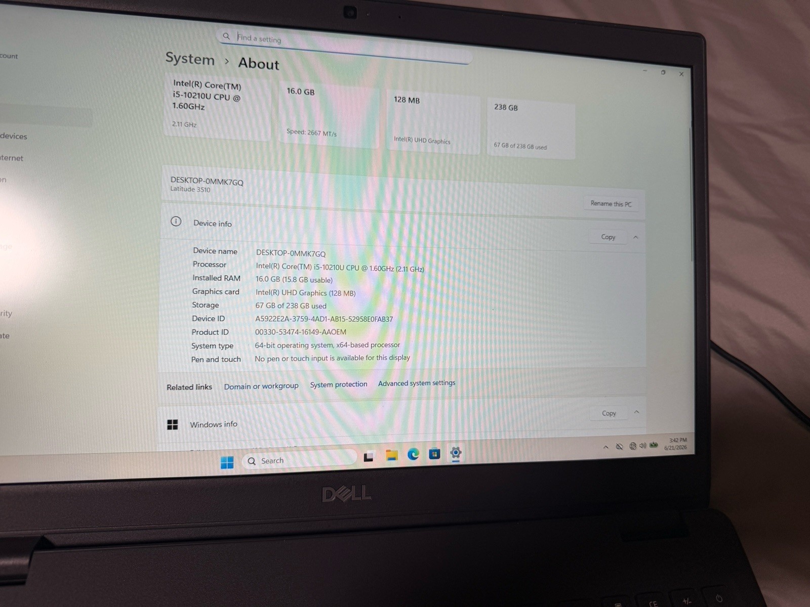 DELL LATITUDE 3510 | Intel Core i5-10210U | 256GB SSD | 16GB | WINDOWS 11 PRO
