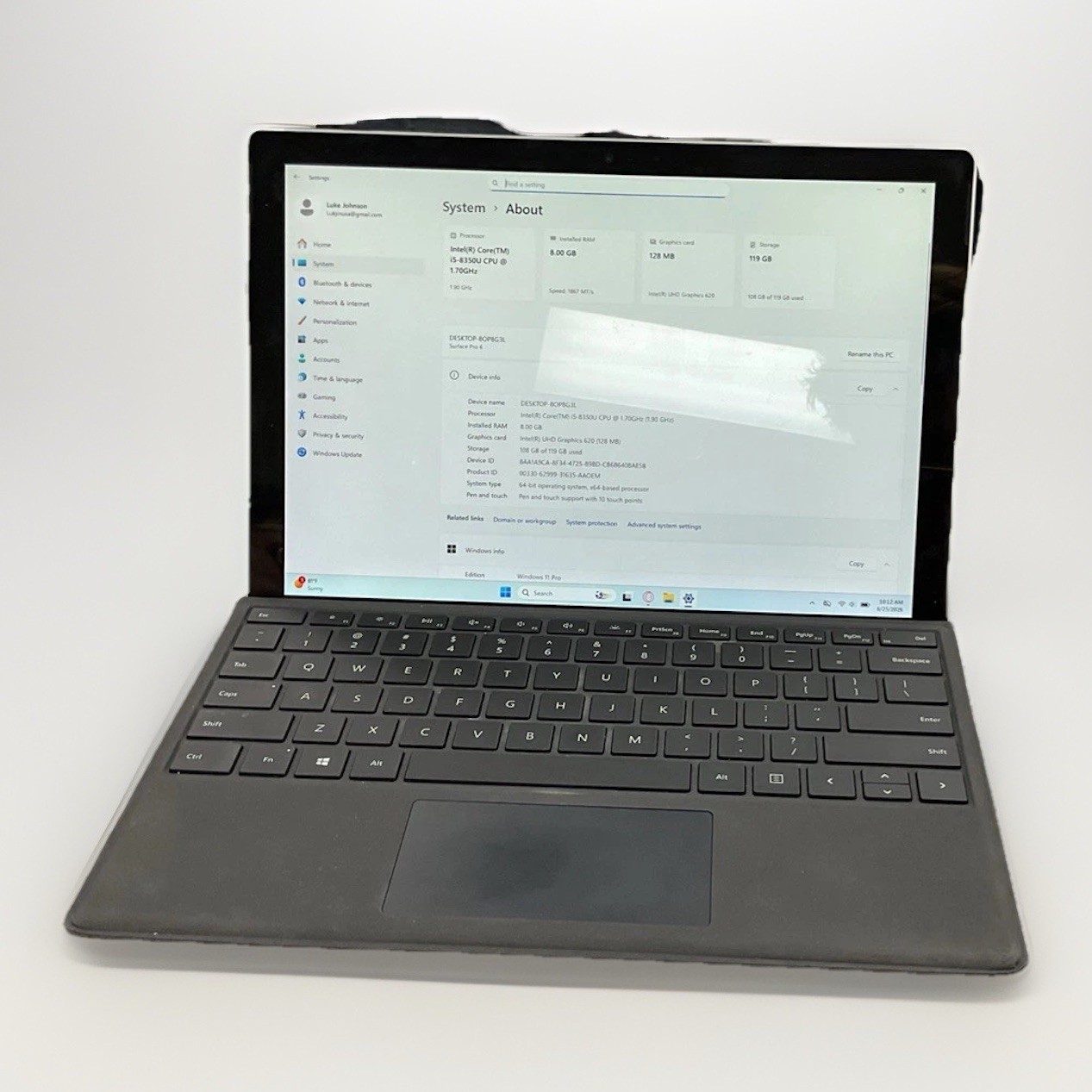 Microsoft Surface Pro 6 12.3″ I5-8350U 1.70 GHz CPU 8 GB RAM 128 NVME Win 11 Pro