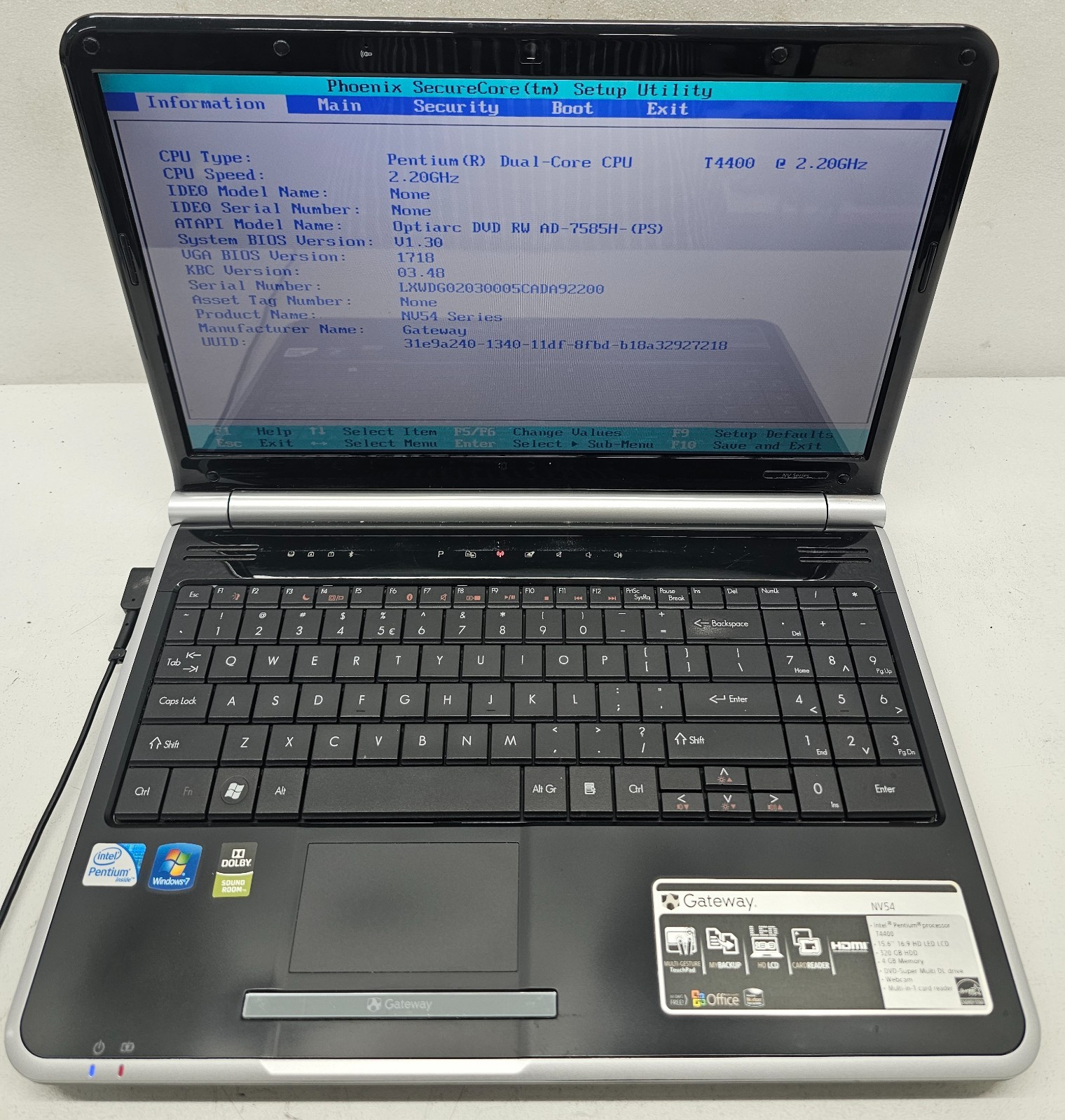 Gateway NV5466U 15.6″ Laptop Intel Pentium Dual Core T4400 4GB Ram NO HD/OS (FL)