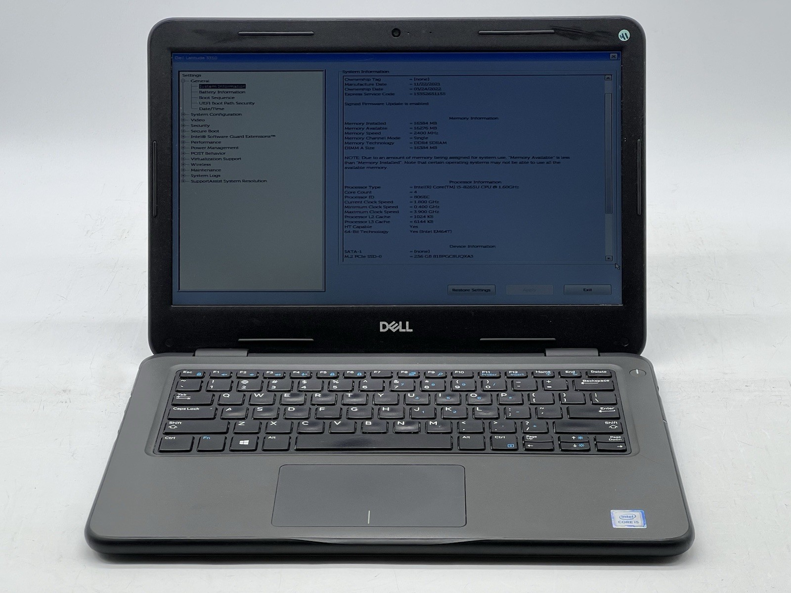 Dell Latitude 3310, i5-8265U CPU, @ 1.60GHz, 16GB RAM, 256GB NVMe-No OS/Adapter