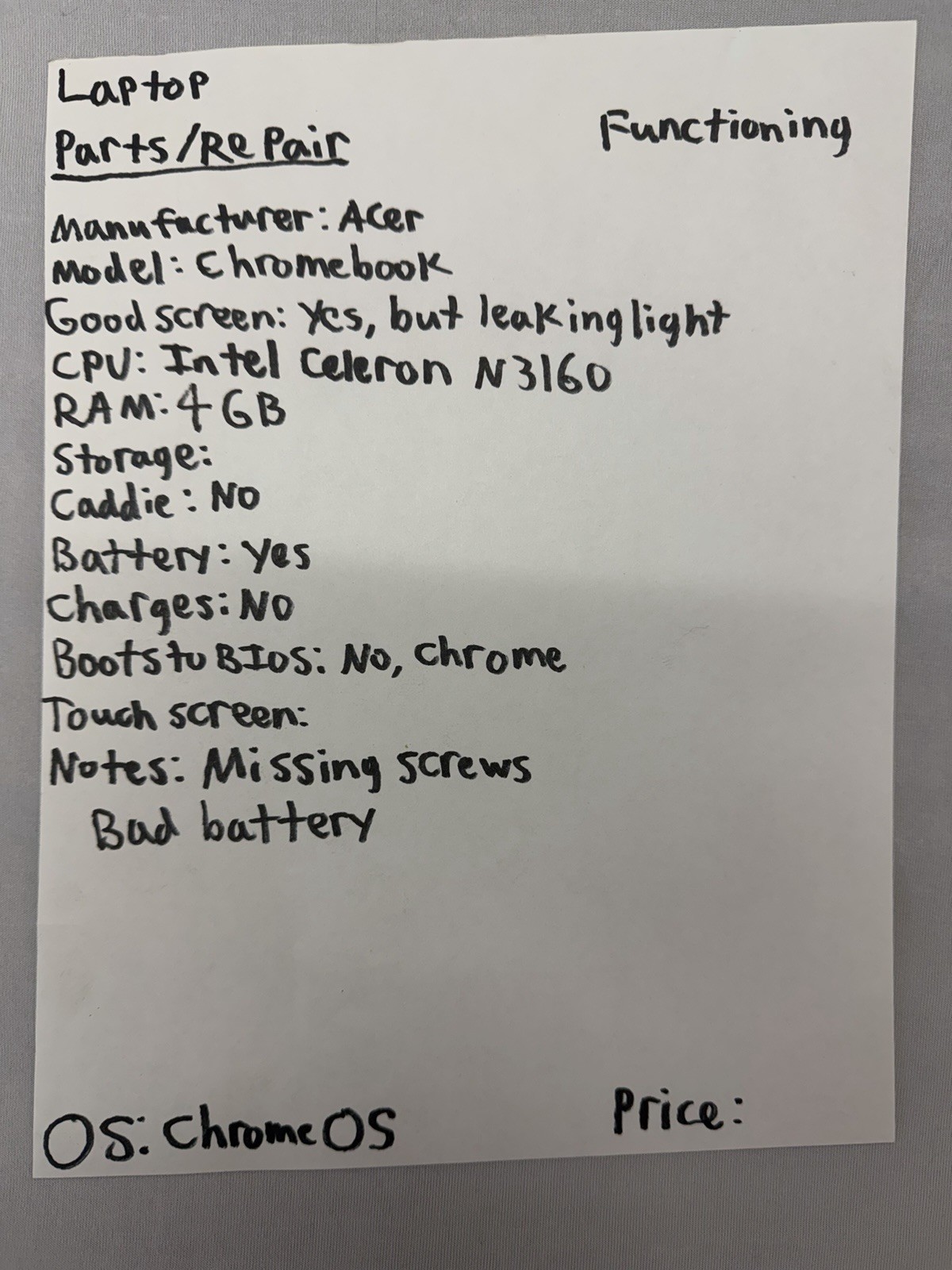 Acer Chromebook Laptop – Intel Celeron N3160 – RAM 4GB – Read Desc