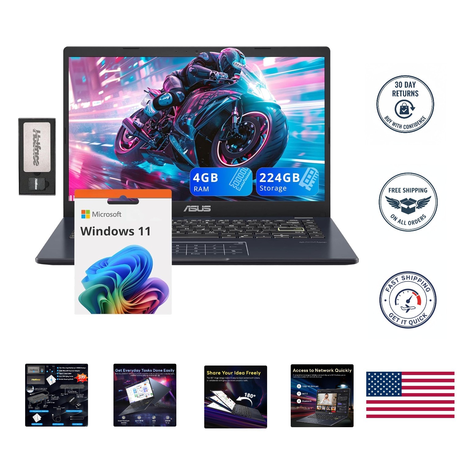 Portable 14″ FHD Laptop – 4GB RAM, Bluetooth 5.1, Intel UHD Graphics, Black