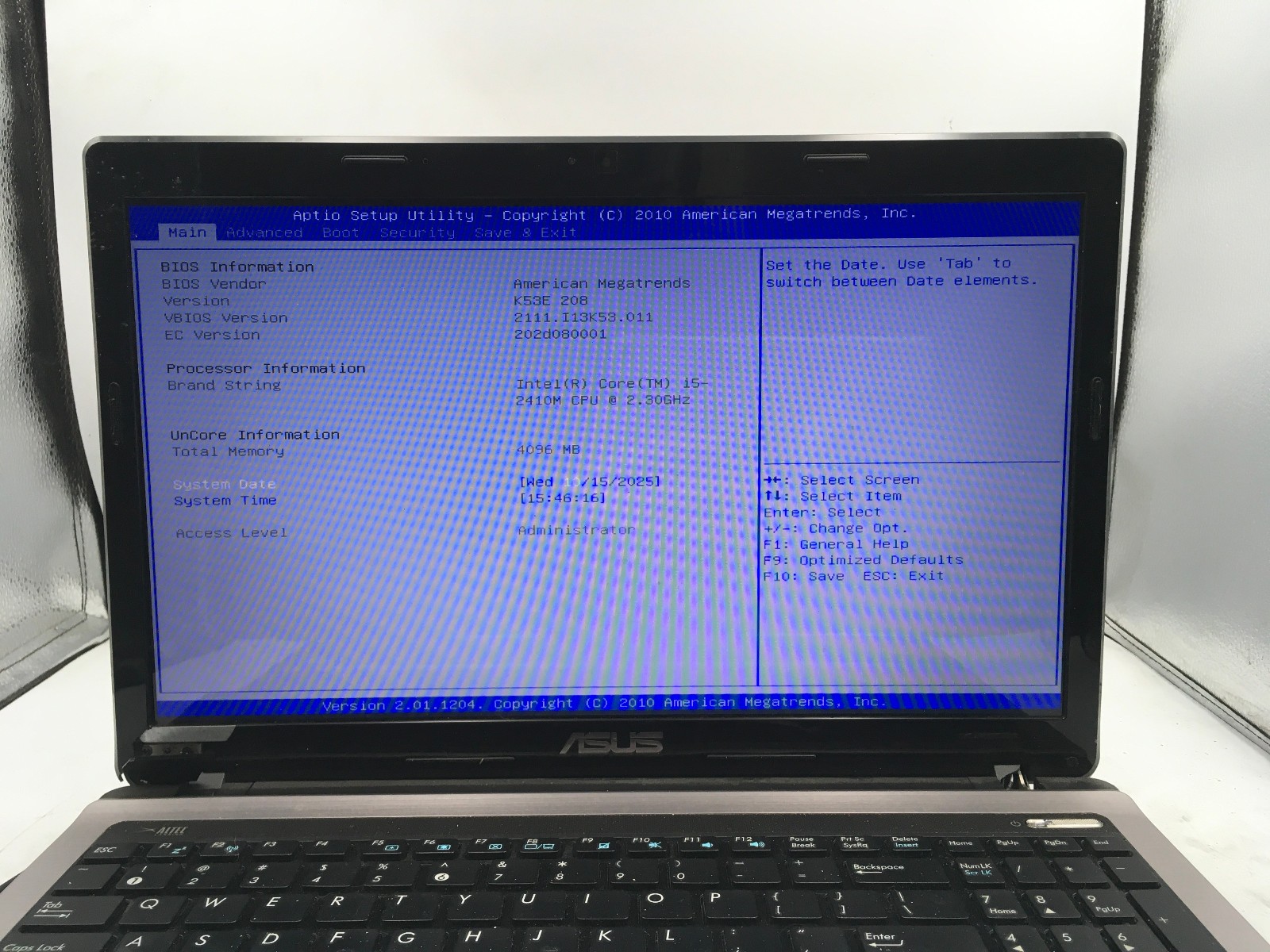 ASUS A53E – BOOTS TO BIOS – INTEL CORE I5 2410M – 4GB RAM – NO OS -READ DESC- BB