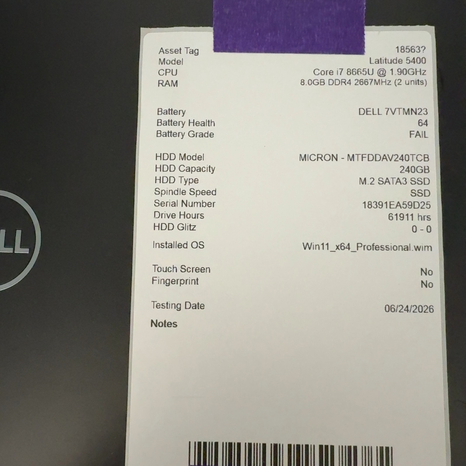 Dell Latitude 5400 14″ i7-8665U 1.9GHz 8GB RAM 240GB SSD Win 11 Pro