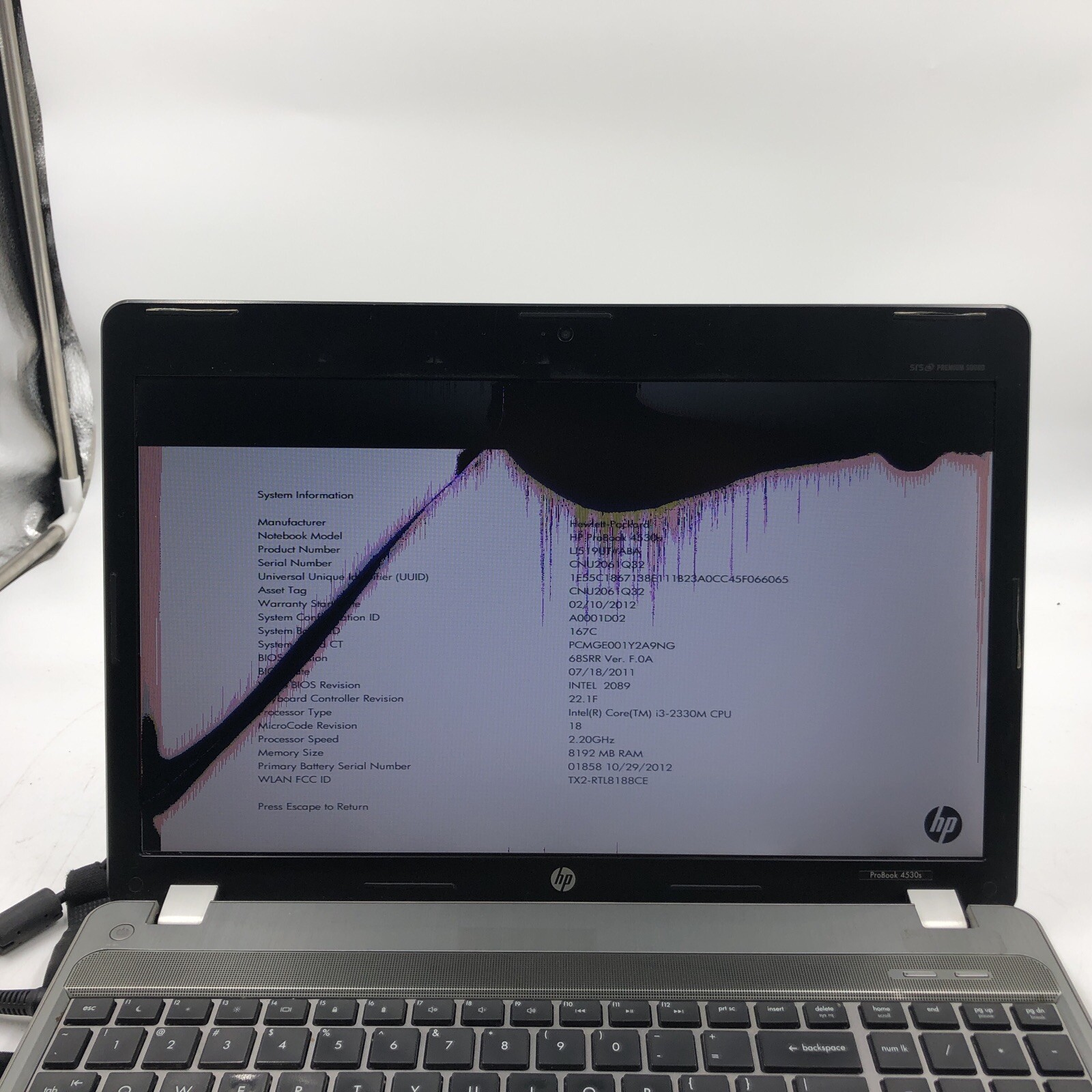 HP Probook 4530S Laptop Intel i3-2330M 2.2GHZ 8GB NO HDD/OS Cracked Screen