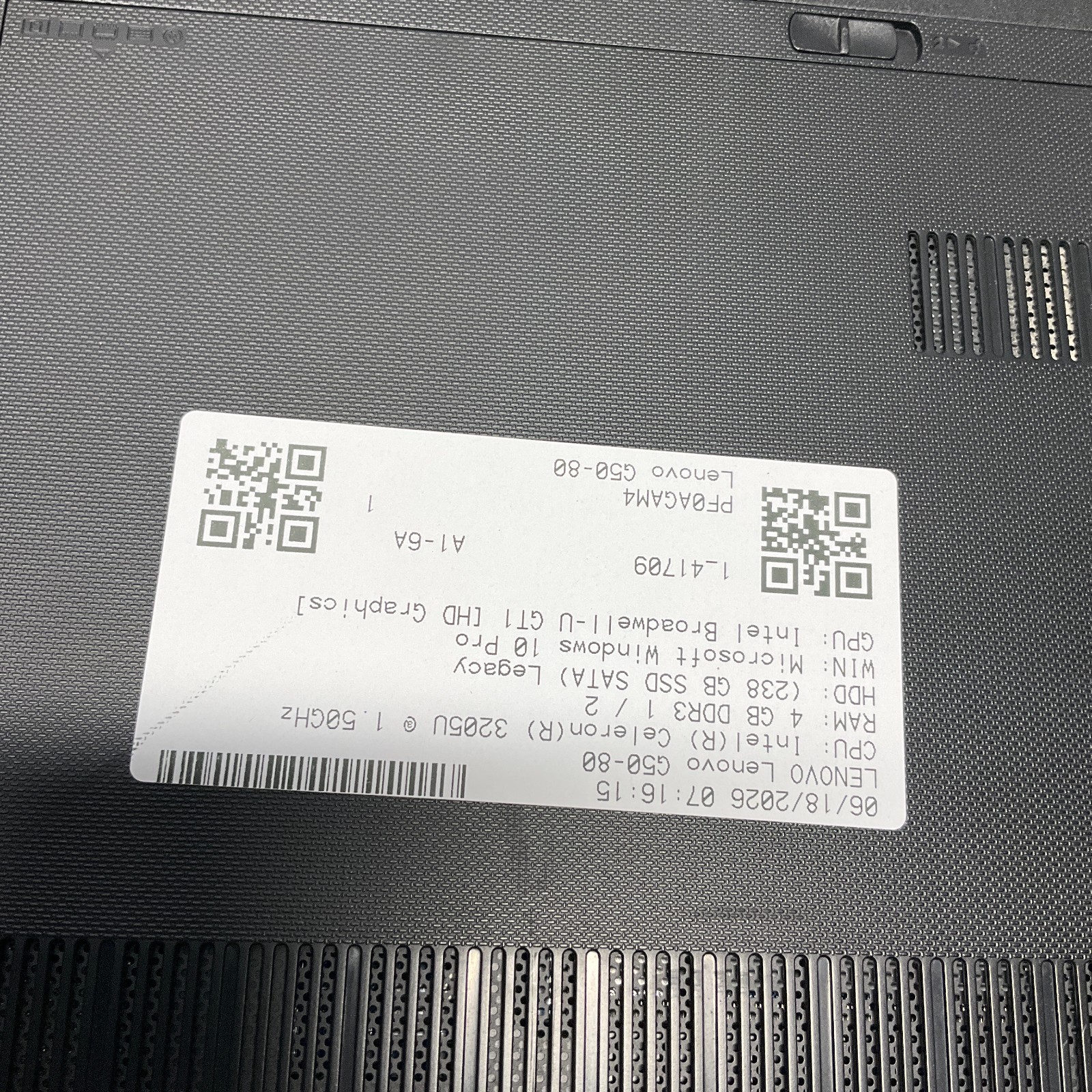 Lenovo G50-80 Laptop Intel Celeron 3205U 1.5GHz 4GB 256GB SSD Windows 10 Pro