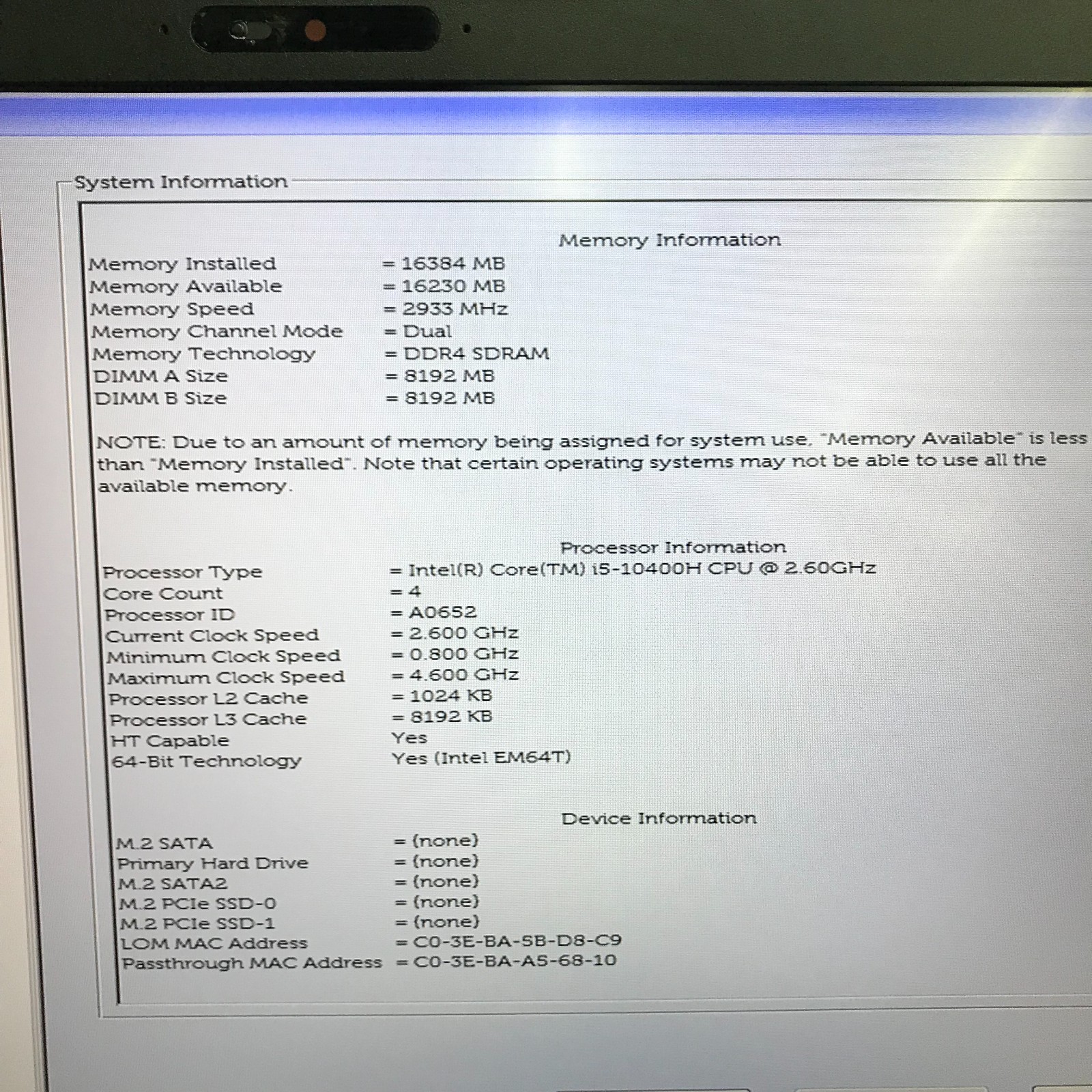 Dell Latitude 5511 Core i7-10400H 2.60 GHz 16 GB DDR4 RAM No SSD (Boots to BIOS)