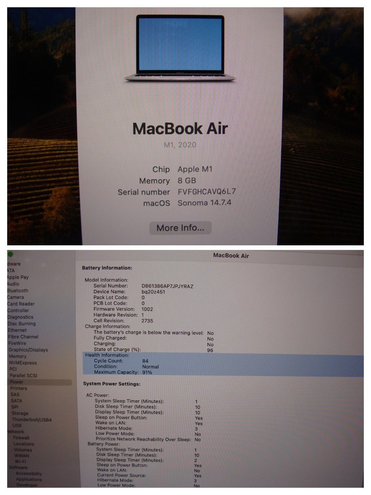 Apple MacBook Air A2337 13.3″ M1 (2020) 8CPU/7GPU 8GB 256GB OS Sonoma +Charger