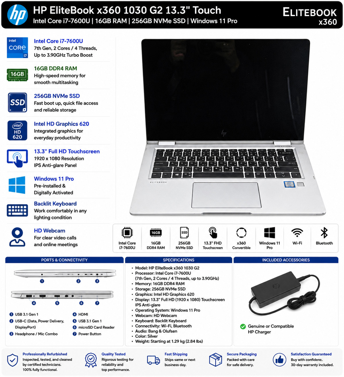 HP EliteBook x360 1030 G2 13.3″ Touch i7-7600U 16GB RAM 256GB SSD Win11 Pro
