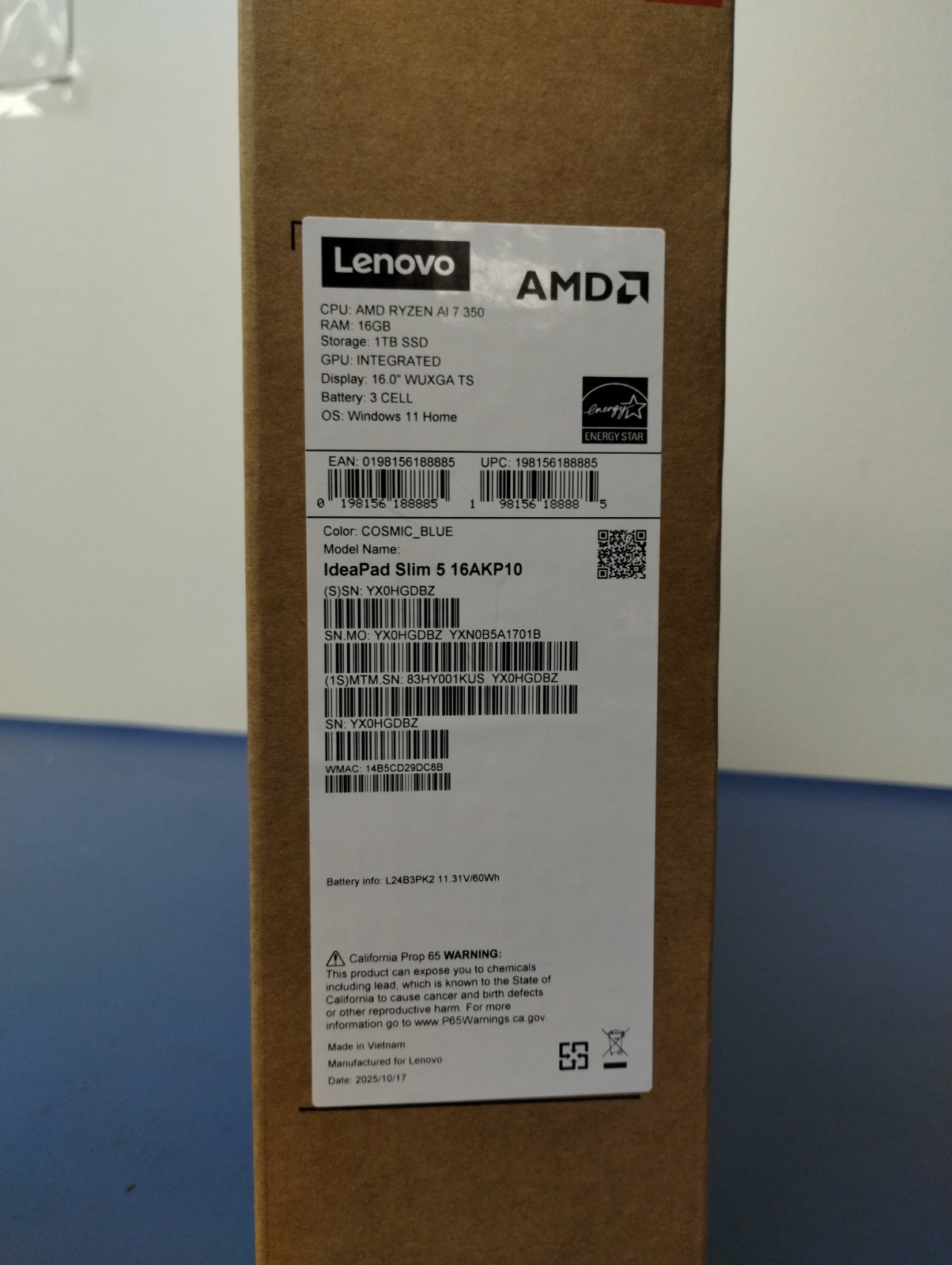 Lenovo IdeaPad Slim 5 16AKP10, AMD Ryzen AI 7 350, 2.00 GHz 16 GB RAM, 1 TB NVMe