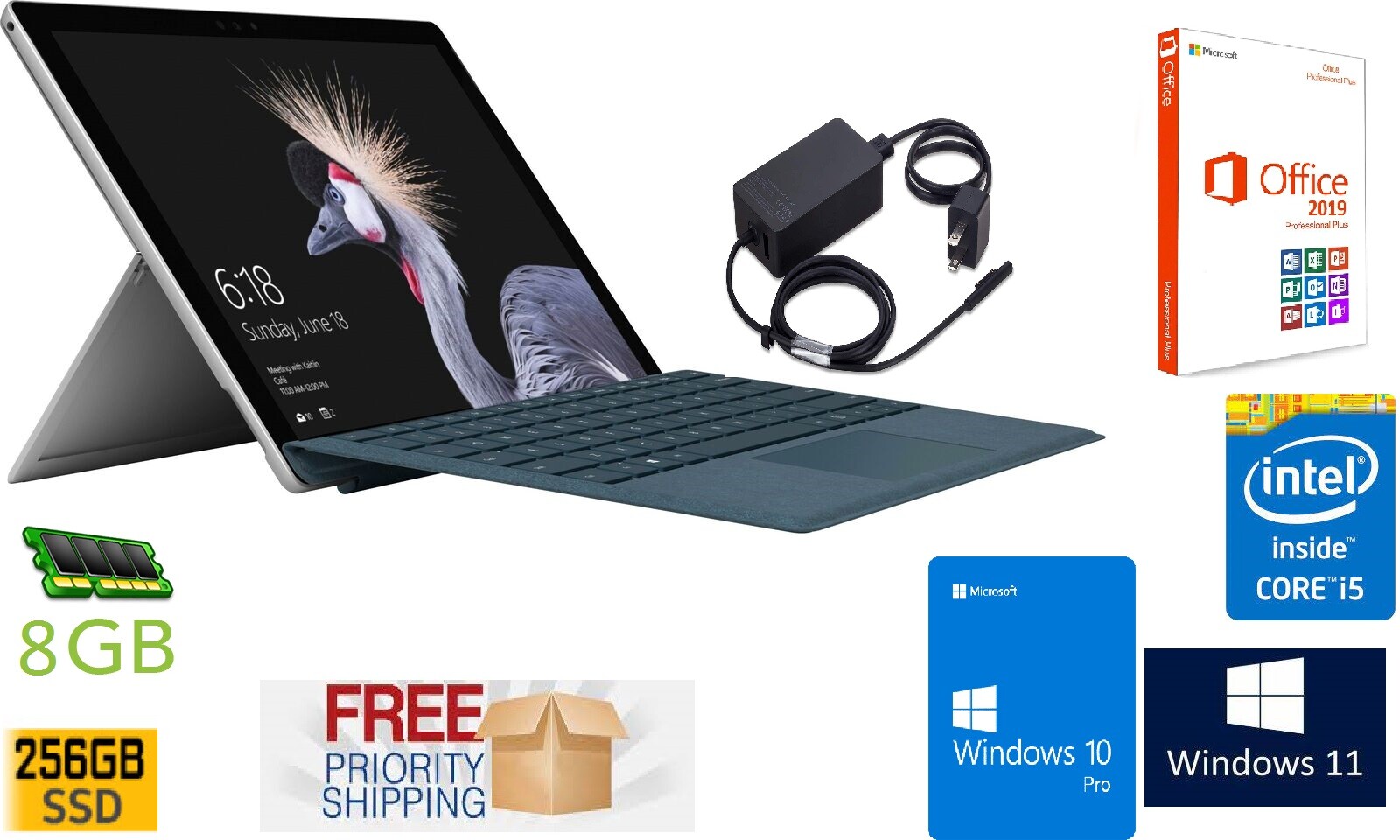 Microsoft Surface Pro 5 i5-7300U 8GB RAM 256GB SSD 12.3″ Win10P Customize Bundle