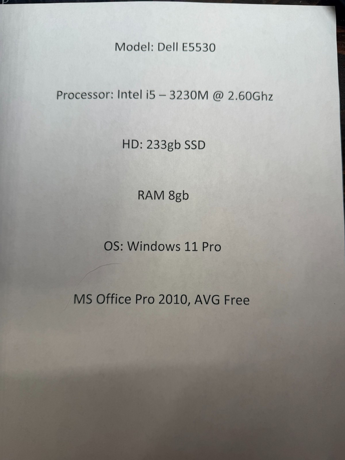 Dell Latitude E5530 Win11 Pro, Office 2010, i5-3230M 8GB RAM 233GB SSD w/Charger