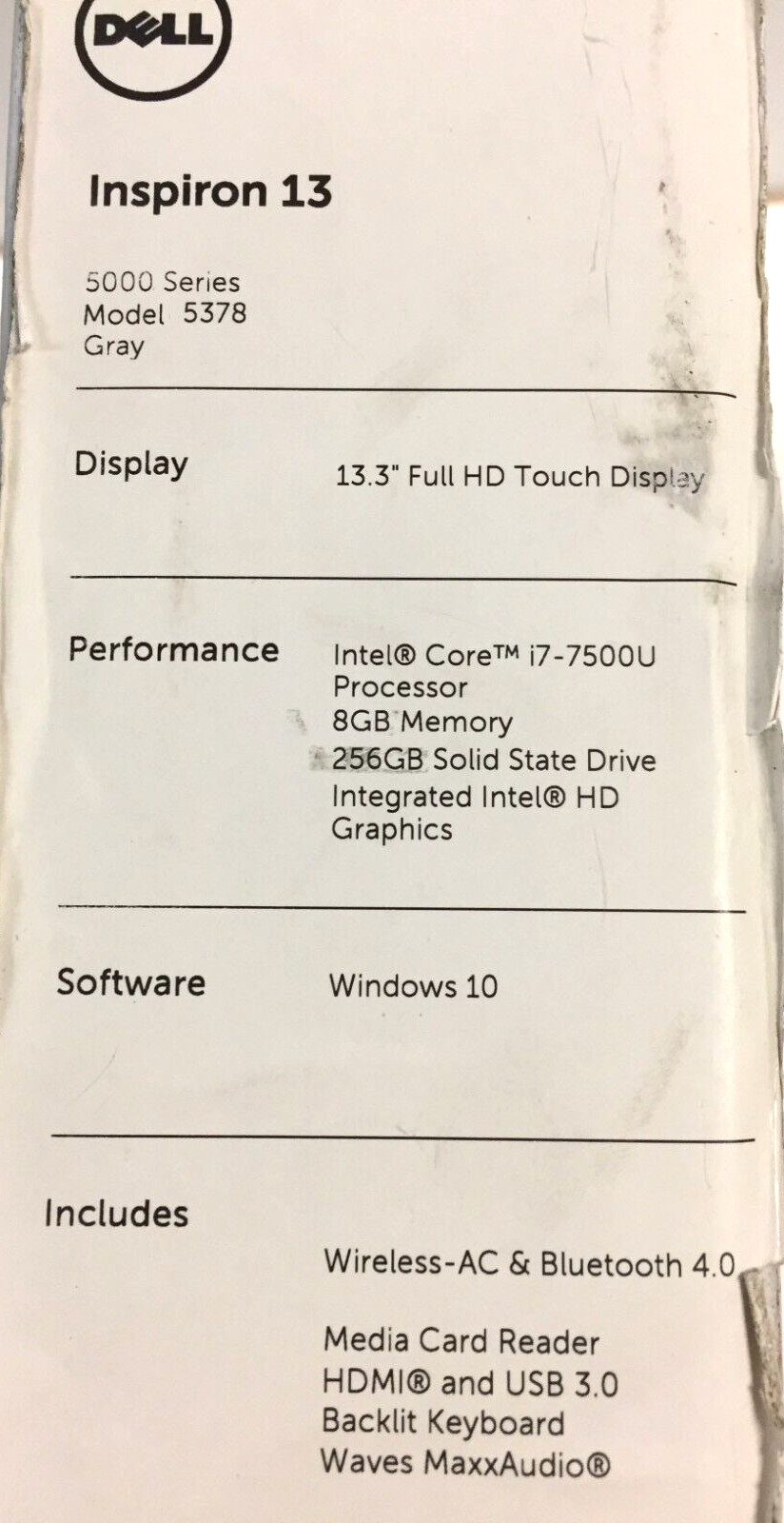 Dell inspiron i5378-7171GRY 13.3″ Touch Laptop/Intel i7-7500U/8GB/256GB SSD/W10