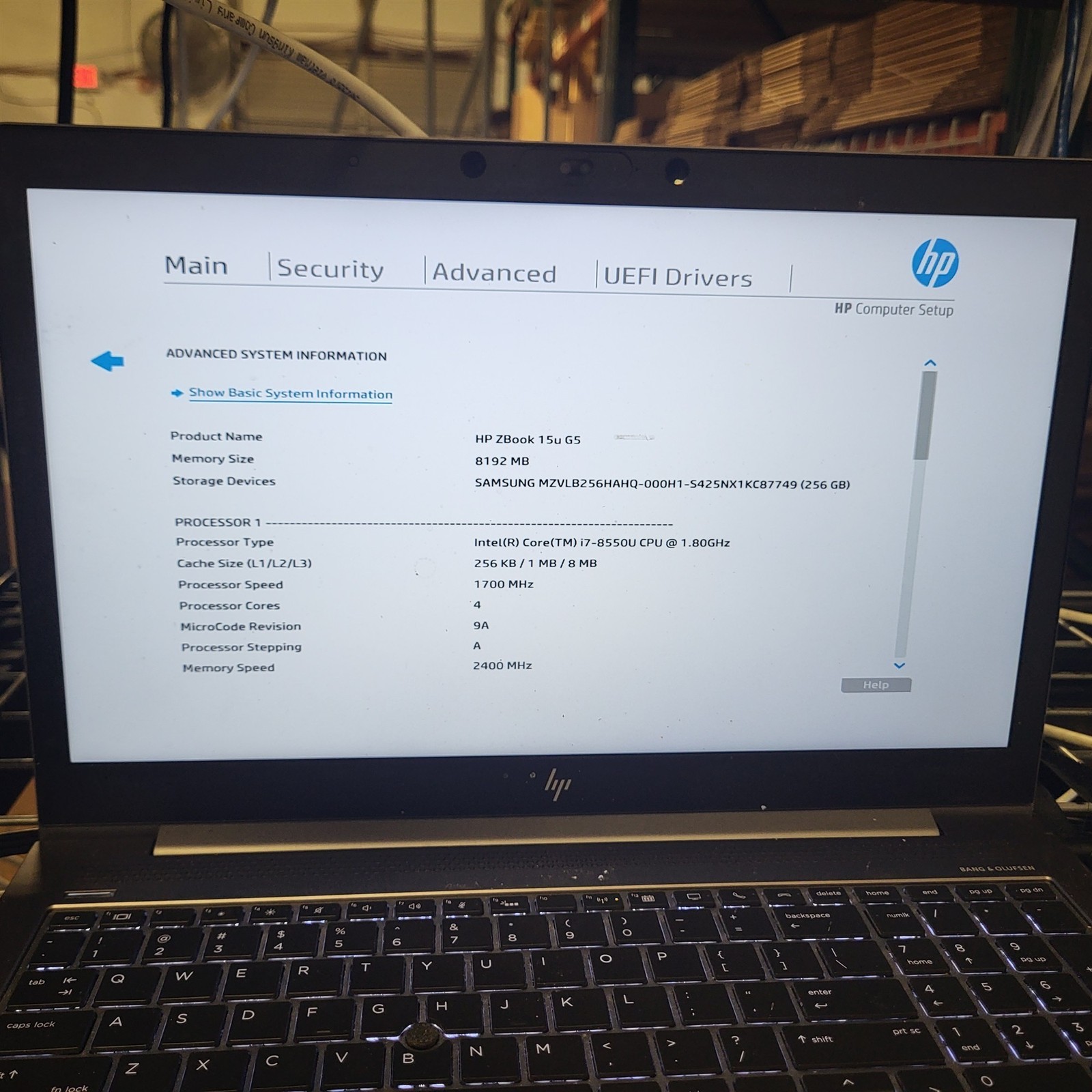 Bad Keyboard HP ZBook 15u G5 Laptop Intel i7-8550U 1.8GHz 8GB 256GB SSD No PSU