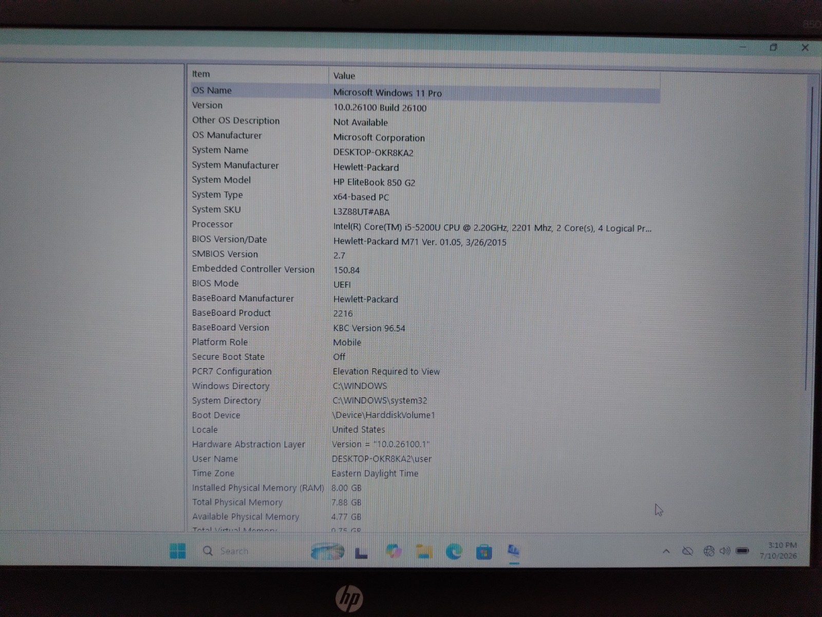 HP ELITEBOOK 850 G2 15.6″ CORE i5-5200U@2.20GHz 8GB RAM 1TB HDD Win 11 Pro