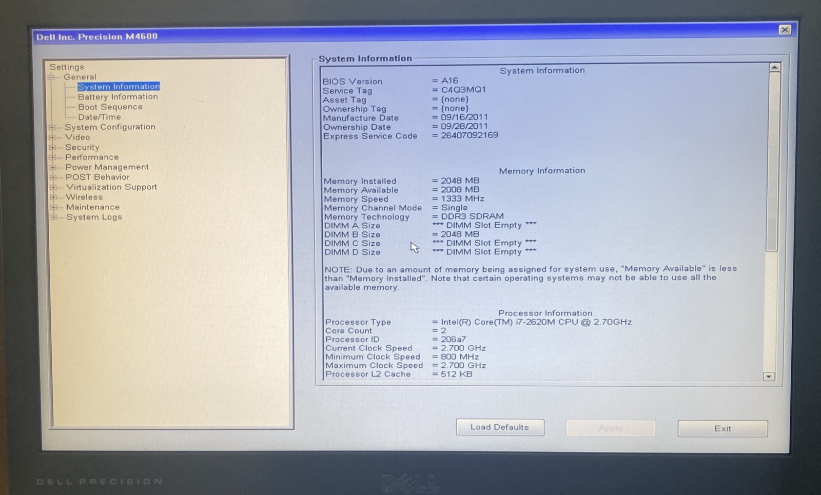 Dell Precision M4600 Intel i7-2620M 2.7GHz 4GB RAM NO HDD/Caddy Boot to BIOS