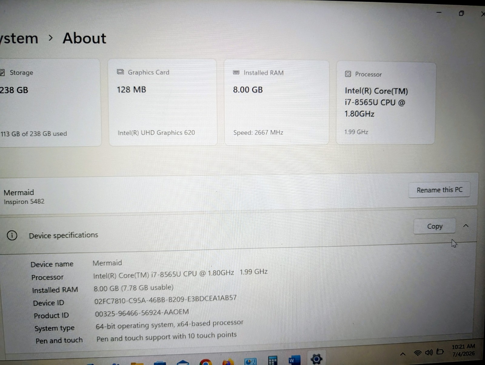 Dell Inspiron 5482 14″ 2-in-1 Touch i7-8565U 8GB RAM 256GB SSD Windows 11 MINT