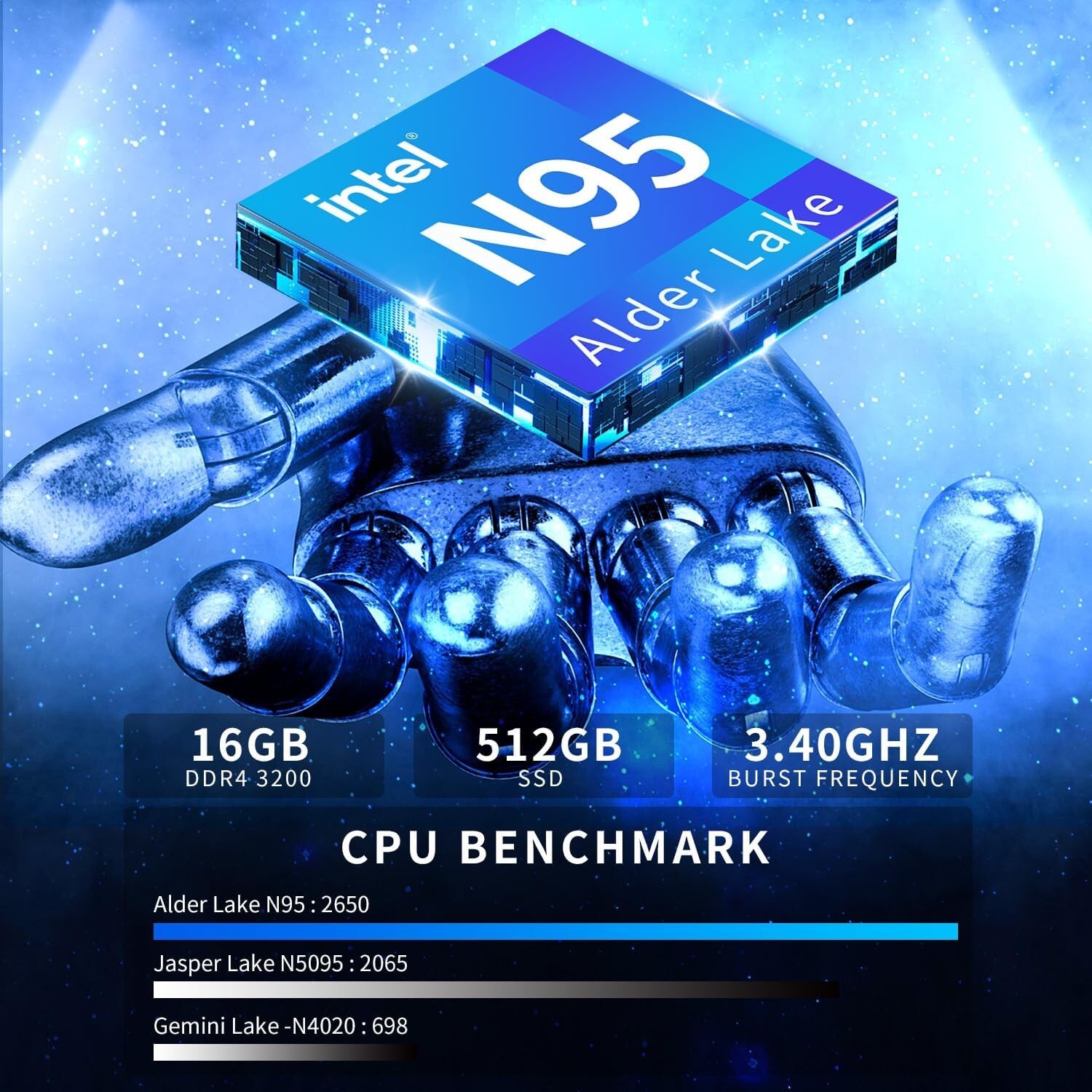 16 inch Laptop, 16GB DDR4 512GB SSD, Intel Quad-Core N95 Processor, up to 3.4Ghz