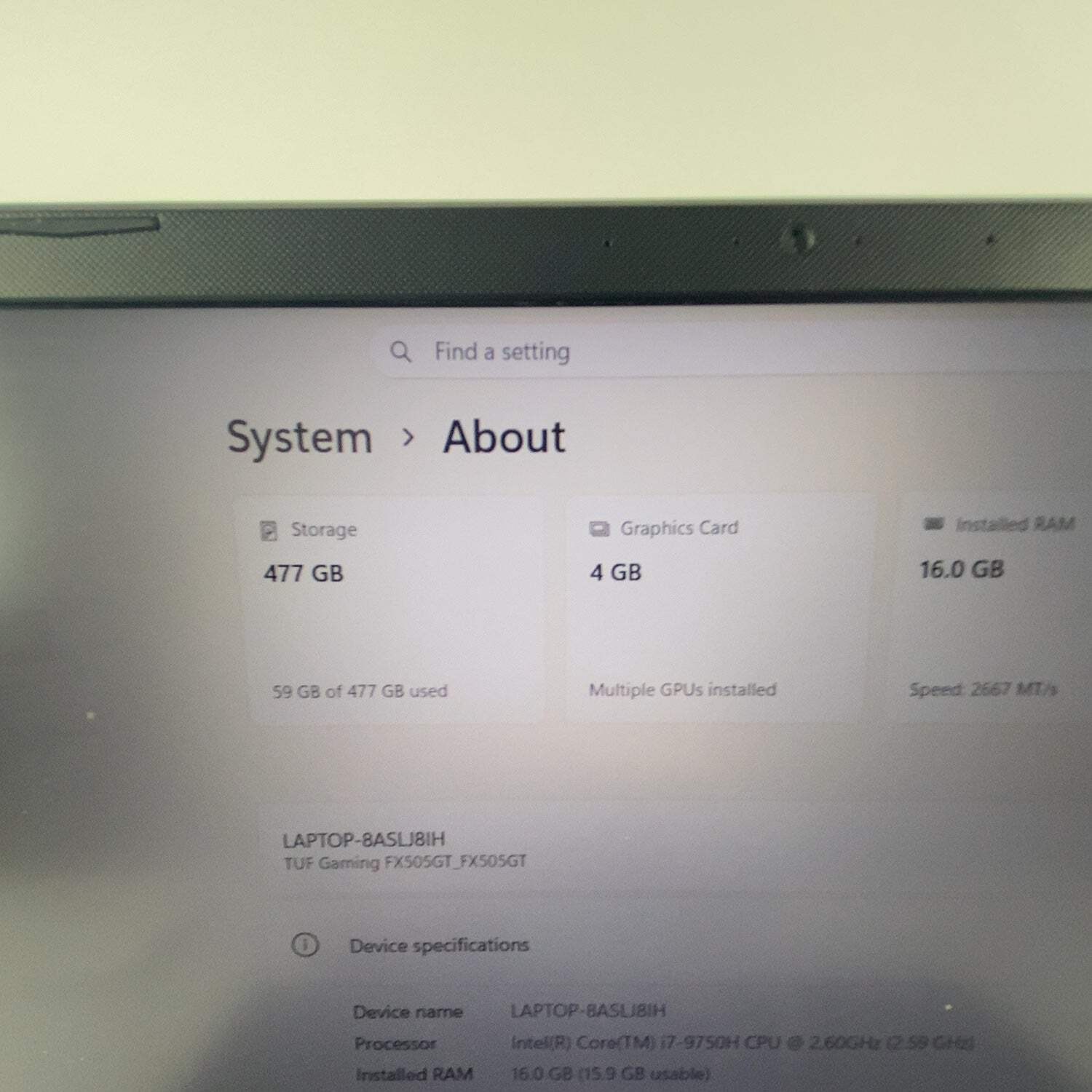 ASUS TUF GAMING LAPTOP FX505GT i7-9750H 2.6GHz 16GB RAM 512GB SSD GTX 1650 4GB
