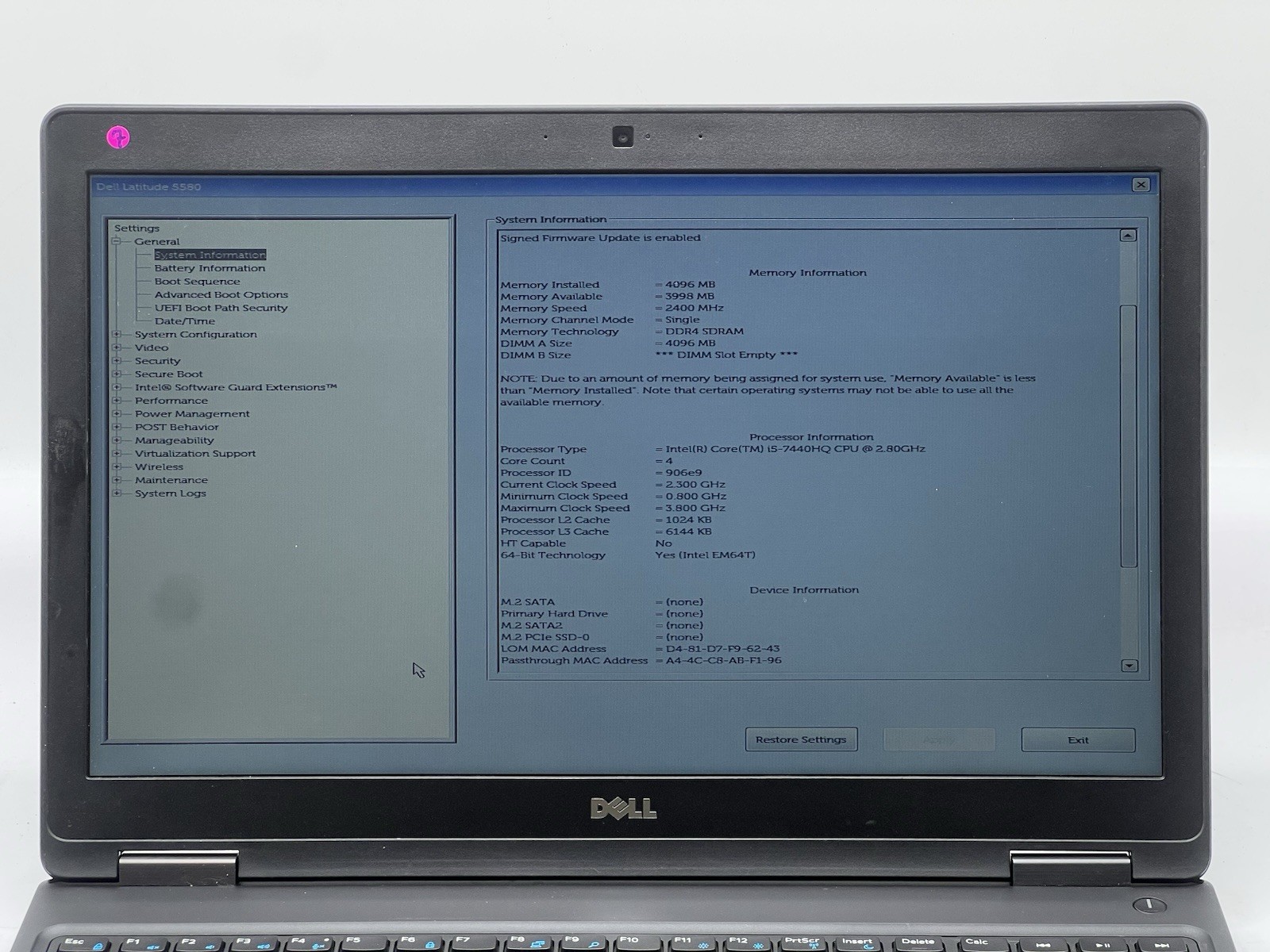 Dell Latitude 5580, i5-7440HQ CPU, @ 2.80GHz, 4GB RAM-No HDD/OS/Charger