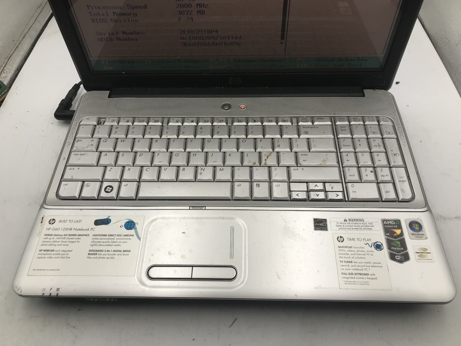 HP G60 125NR – BOOTS TO BIOS – AMD TURION DUAL CORE – 3GB RAM – READ -BB