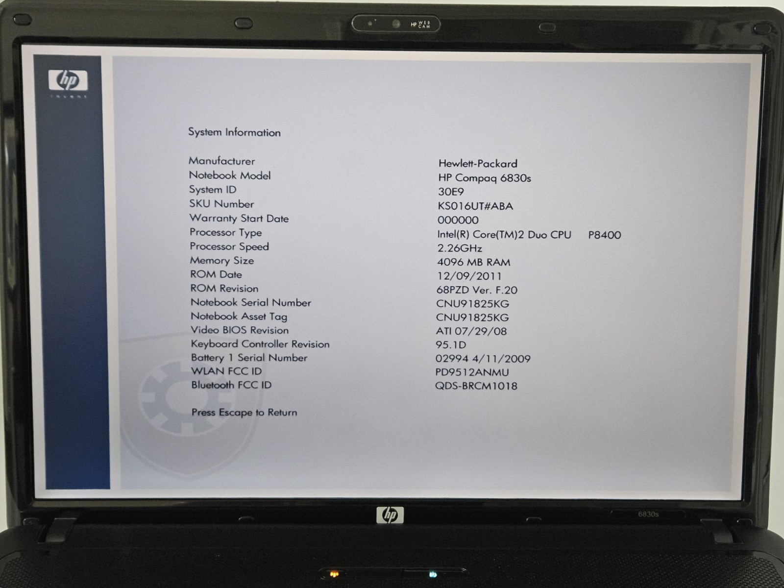 HP Compaq 6830s 17″ Laptop Intel Core 2 Duo P8400 2.26GHz 4GB RAM *No HDD/OS*