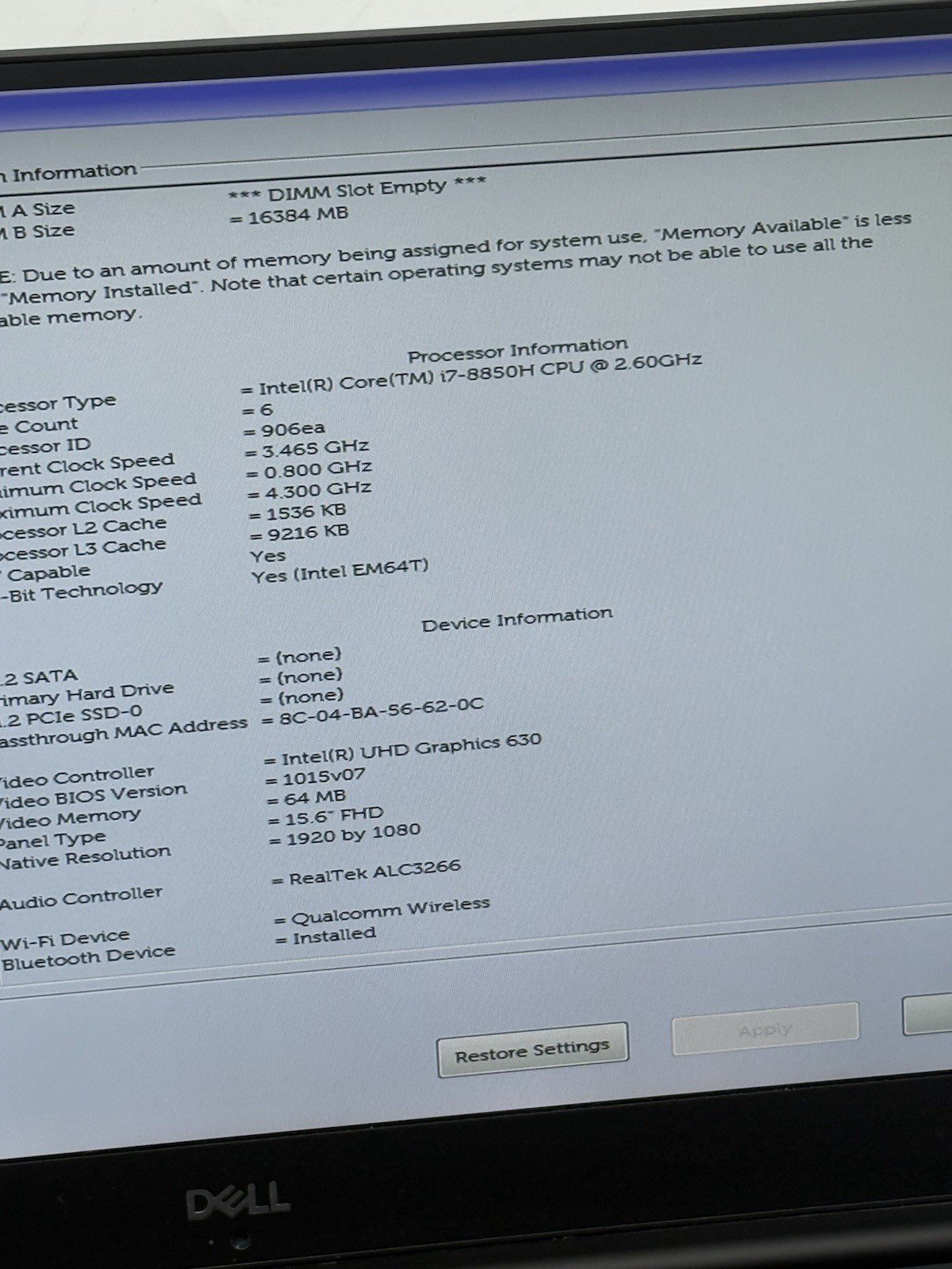Dell Precision 5530 15.6” FHD Intel I7-8850H 2.60GHz 16GB RAM P2000 READ