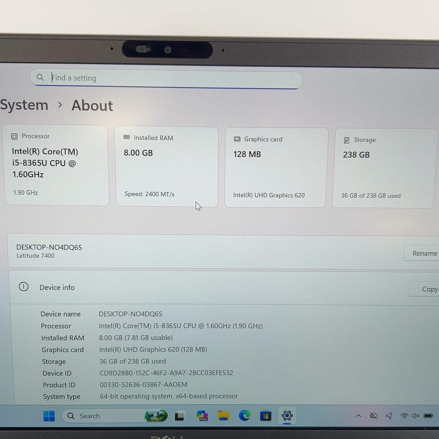 Dell Latitude 7400 14″ i5-8365U 1.6GHz 8GB RAM 256GB SSD