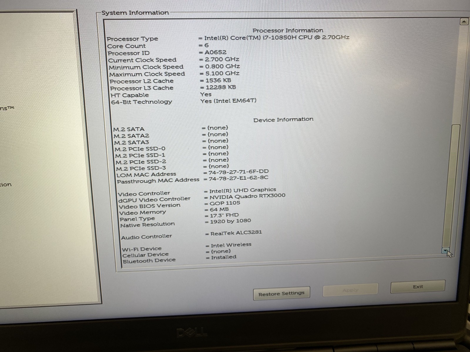 Dell Precision 7750 17″ i7-10850H CPU 2.70Hz 32GB Ram No SSD NO OS
