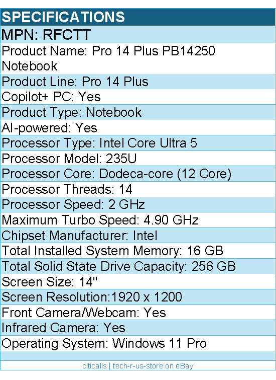 Dell RFCTT Pro 14 Plus PB14250 14″ Clamshell Copilot+ PC Notebook – 60 Hz