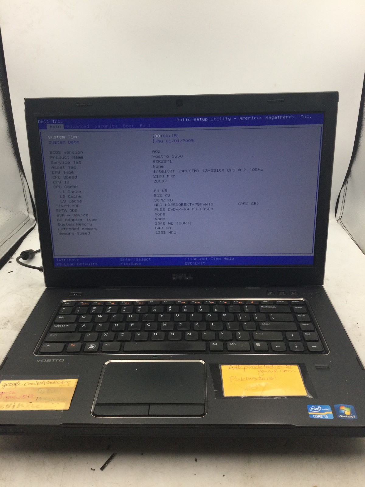 DELL VOSTRO 3550 – BOOTS TO BIOS – INTEL I3 2310M – 3GB RAM – 15″ – READ DESC-BB
