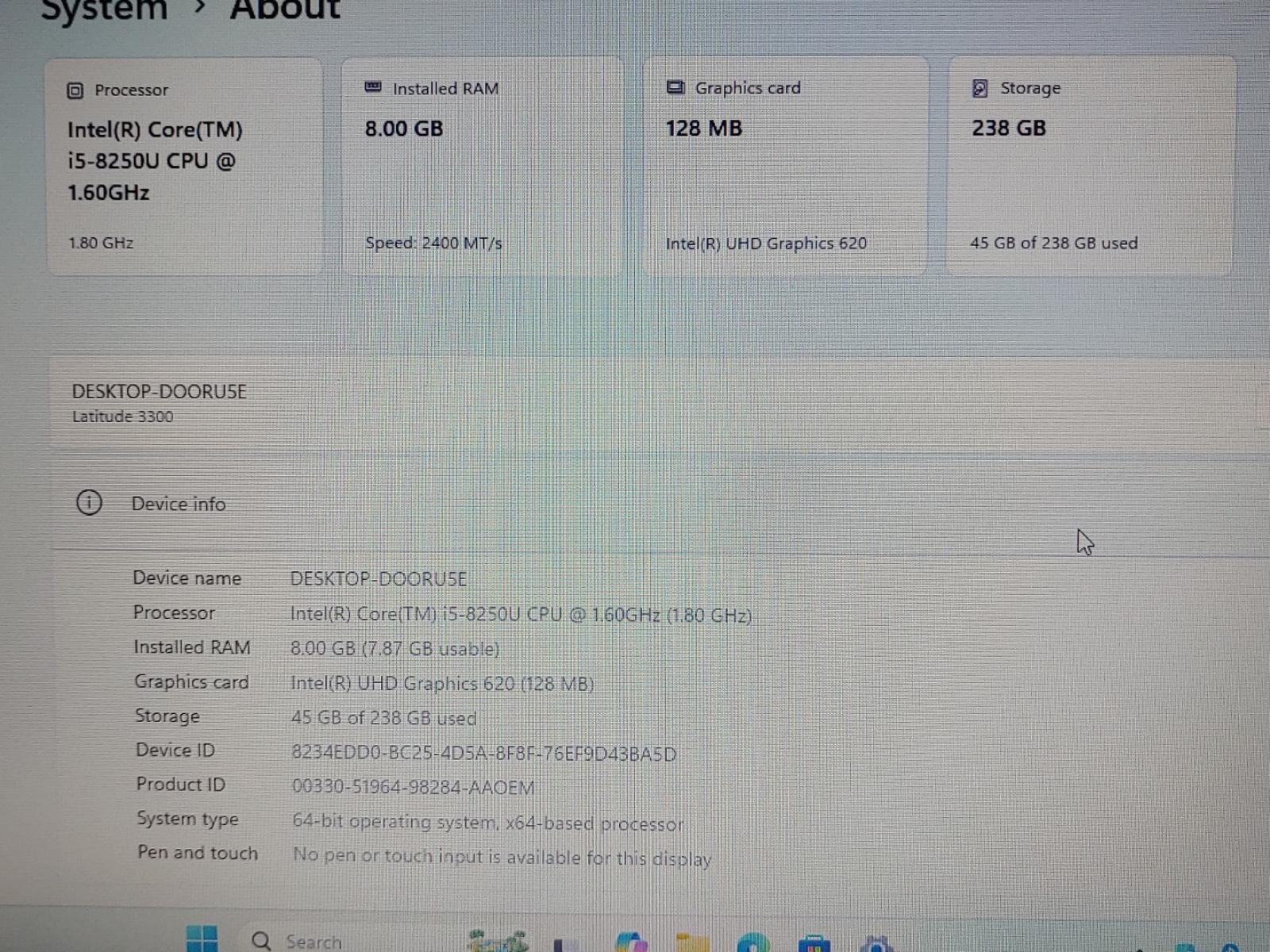 Dell Latitude 3300 13.3″ Intel i5-8250U 8GB 256GB SSD Win11Pro **NO BATT/NO AC**
