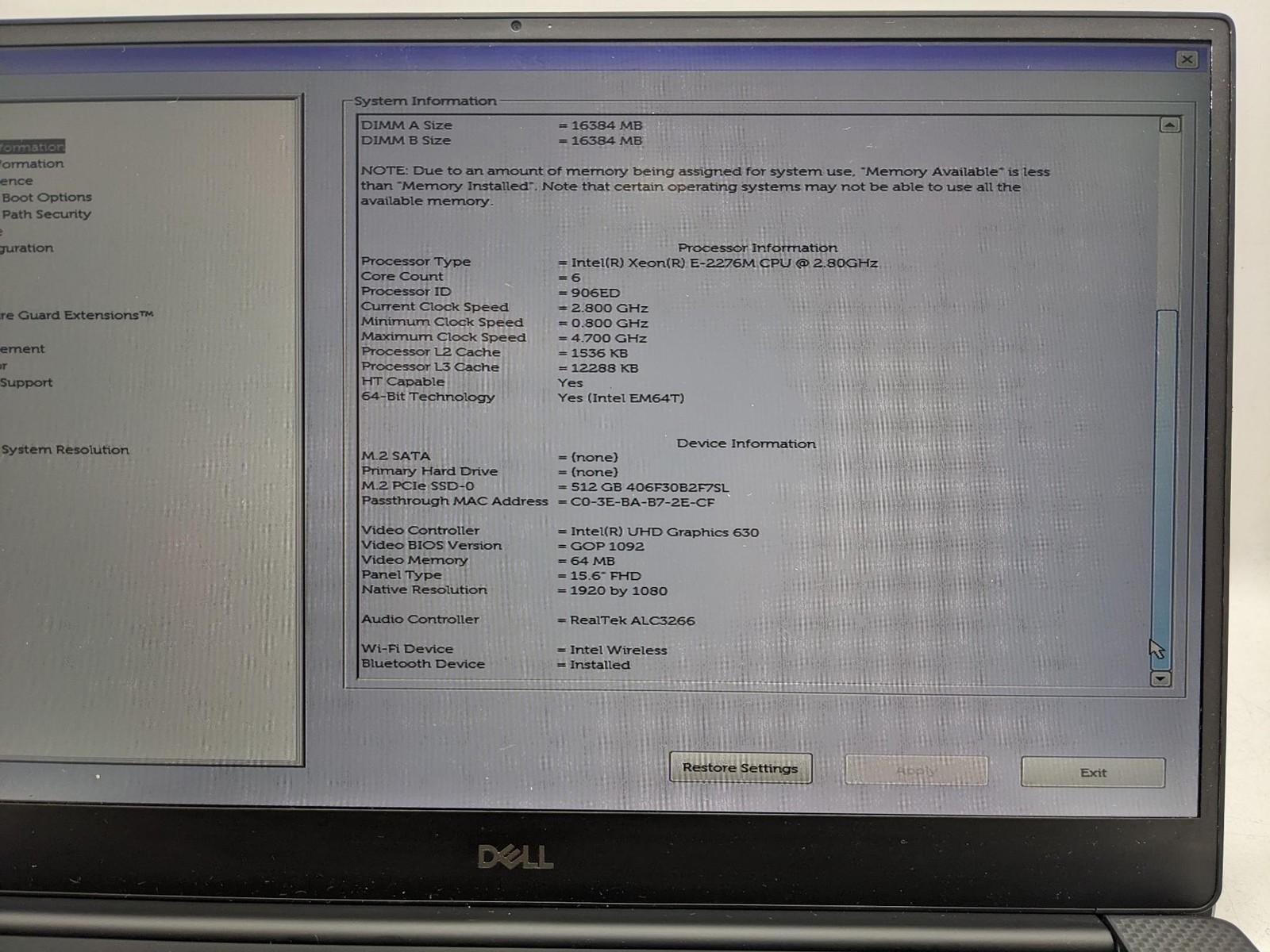 DELL PRECISION 5540 15″ INTEL XEON E-2276m 2.8GHz 32GB RAM 512GB *GRADE D*