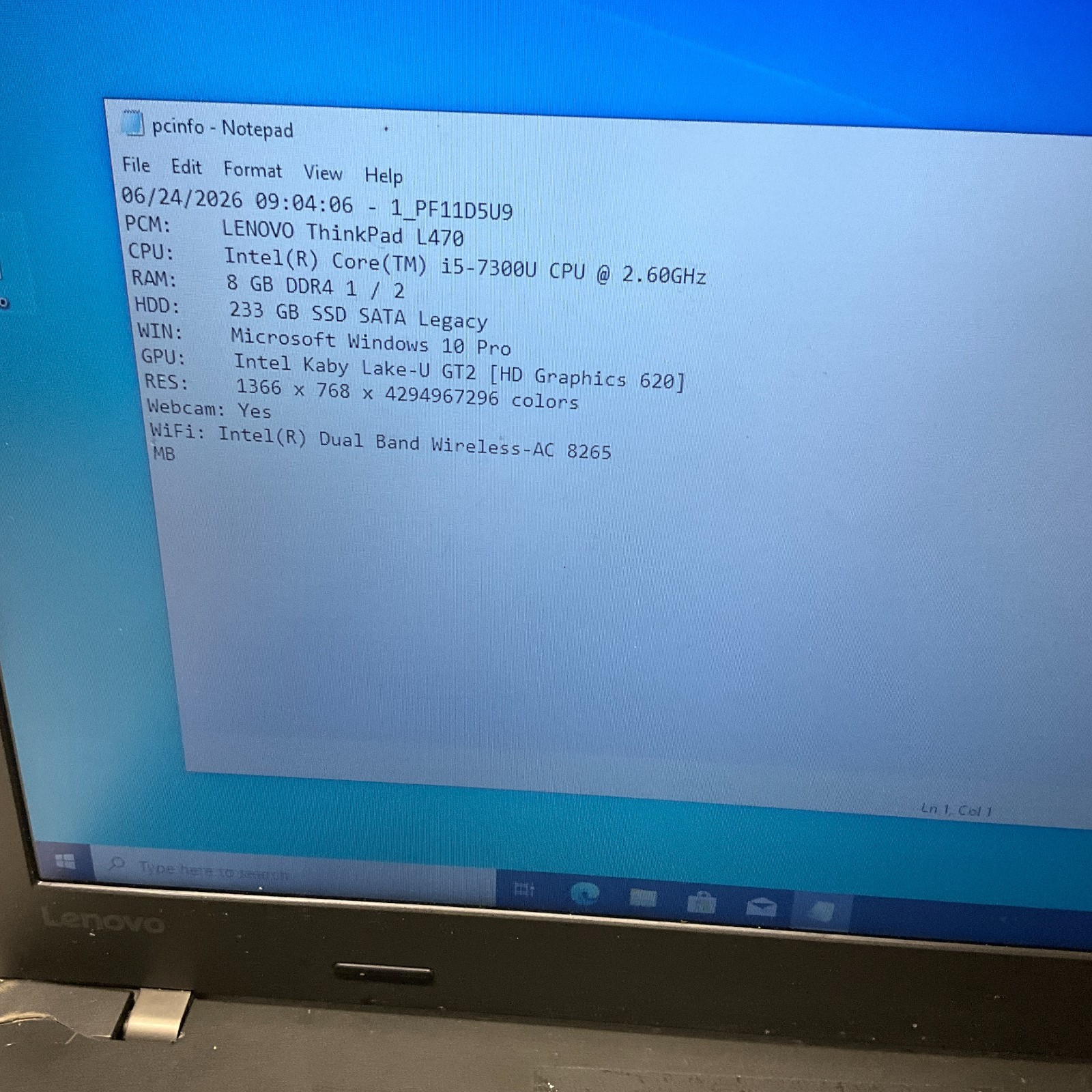Lenovo ThinkPad L470 14″ | 2.60GHz Dual Core i5-7300U | 8GB 250GB SSD Win10 READ
