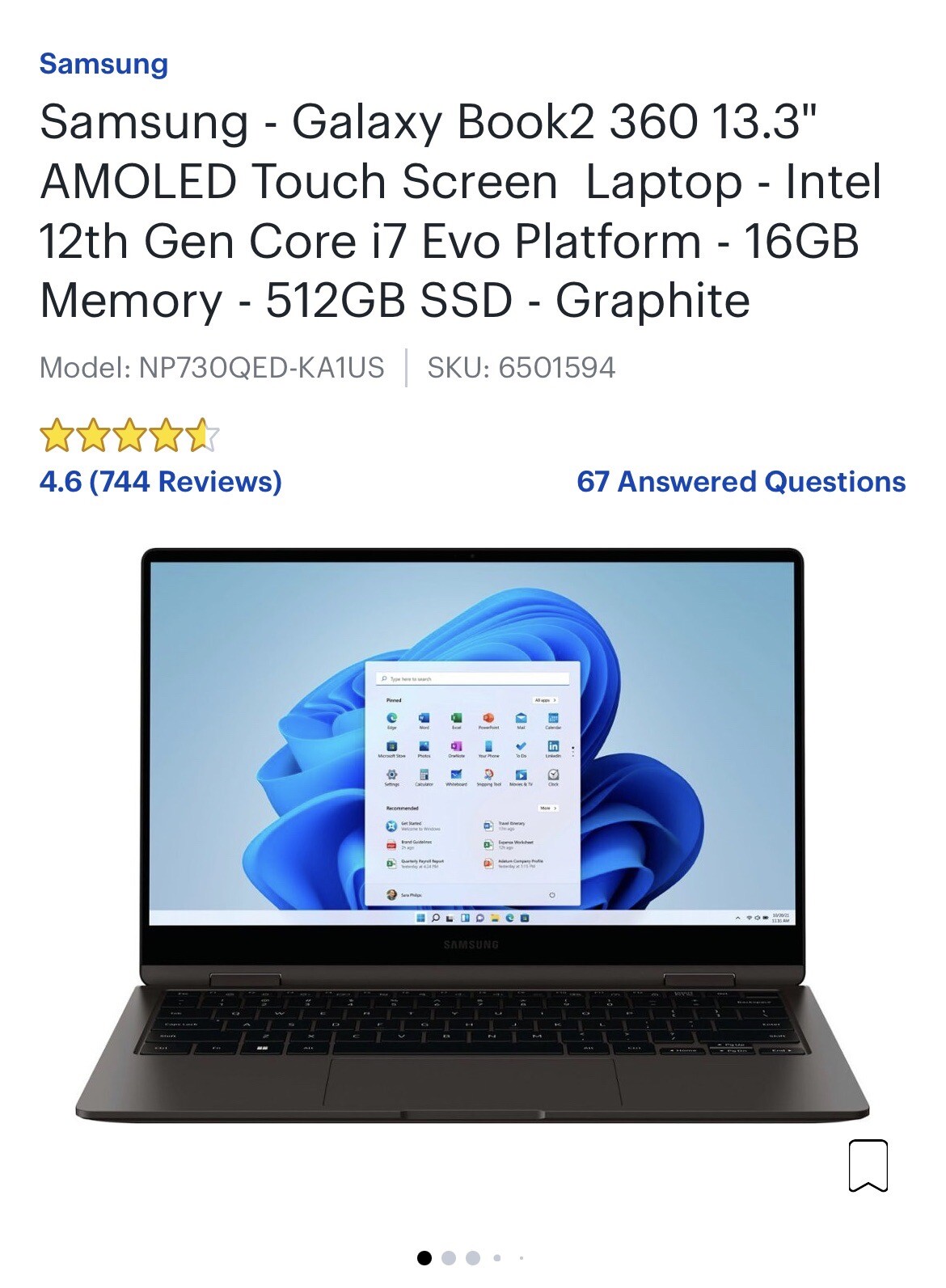 Samsung Galaxy Book2 360 13.3″ (512GB SSD, Intel Core i7 12th Gen., 4.70 GHz,…