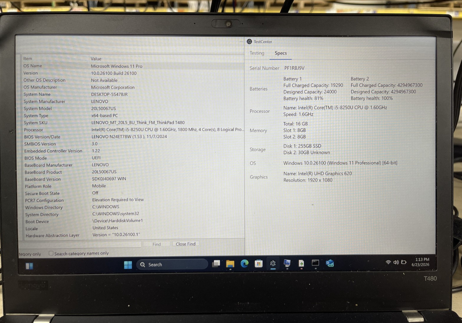 Lenovo ThinkPad T480 14″ Laptop i5-8250U 1.60GHz 16GB RAM 256GB SSD Win 11 Pro
