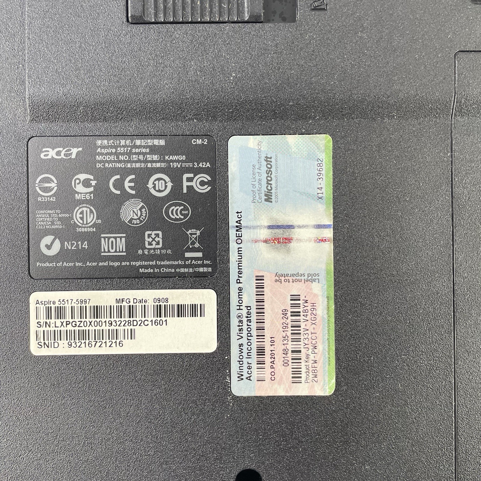 Aspire 5517 15.6″ AMD Athlon TF-20 1.60 GHz 3 GB RAM No SSD No OS No AC